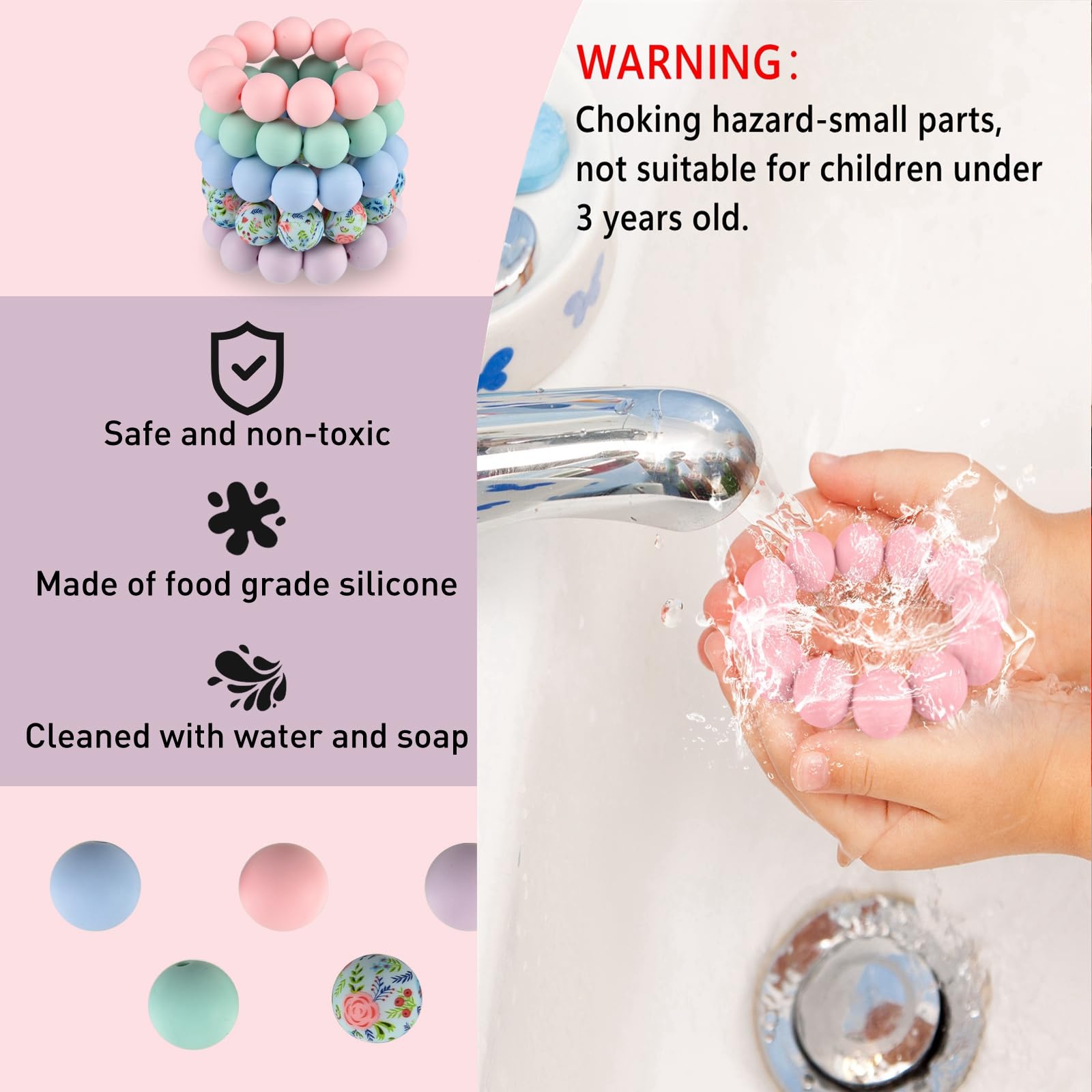 ASTARON 100 Pcs 15mm Silicone Beads for Keychain Making Light Pink Purple Blue Round Beads for Bracelets Crafts Beadable Pens Decorations Jewelry Making Party Favors Supplies - Image 3