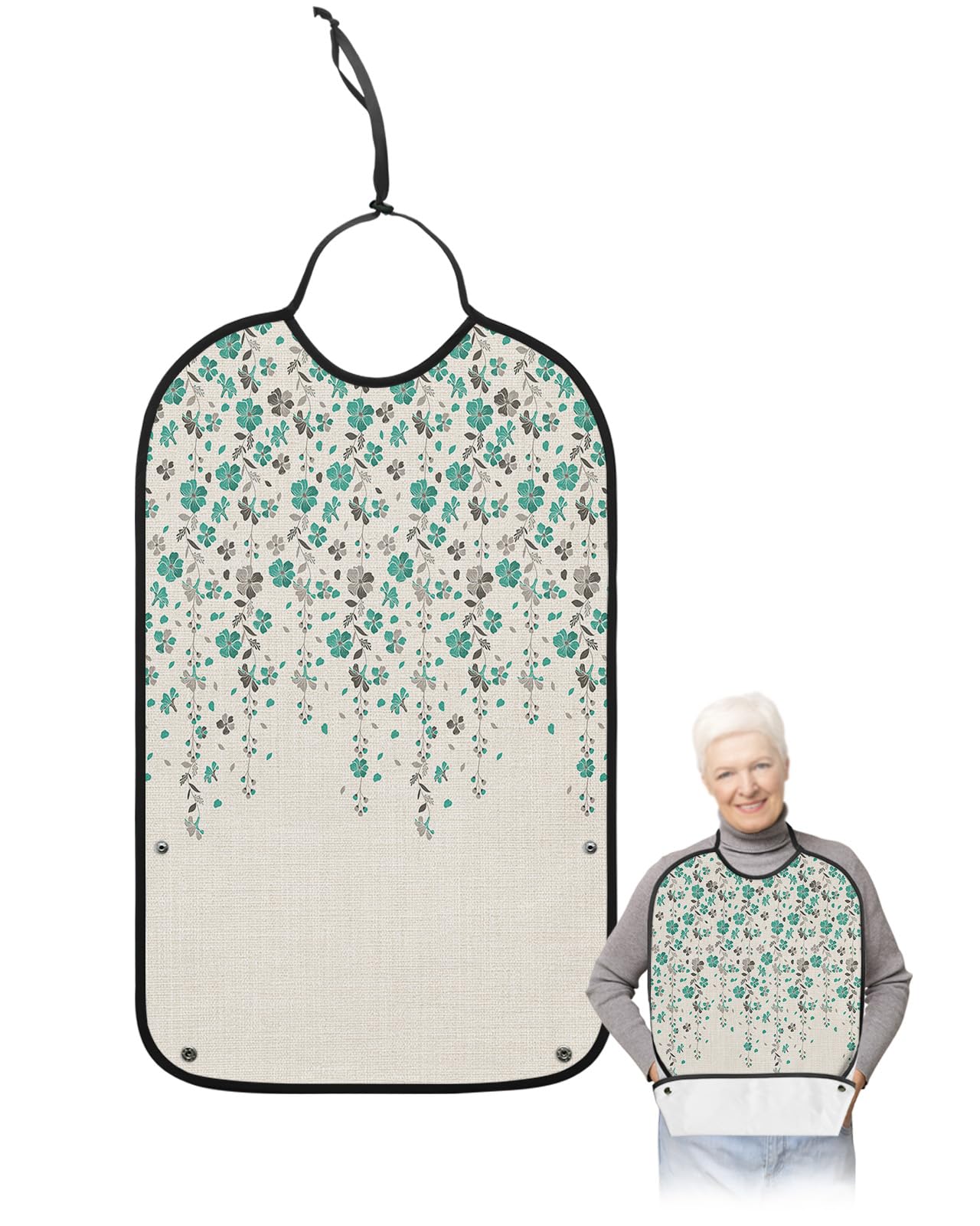 Kewadony Adult Bibs for Elderly Women - Teal Green Grey Florals Waterproof Dining Clothing Protectors with Crumb Catcher for Eating/Feeding, Spring Weeping Flowers Linen Texture Terry Cloth Bib