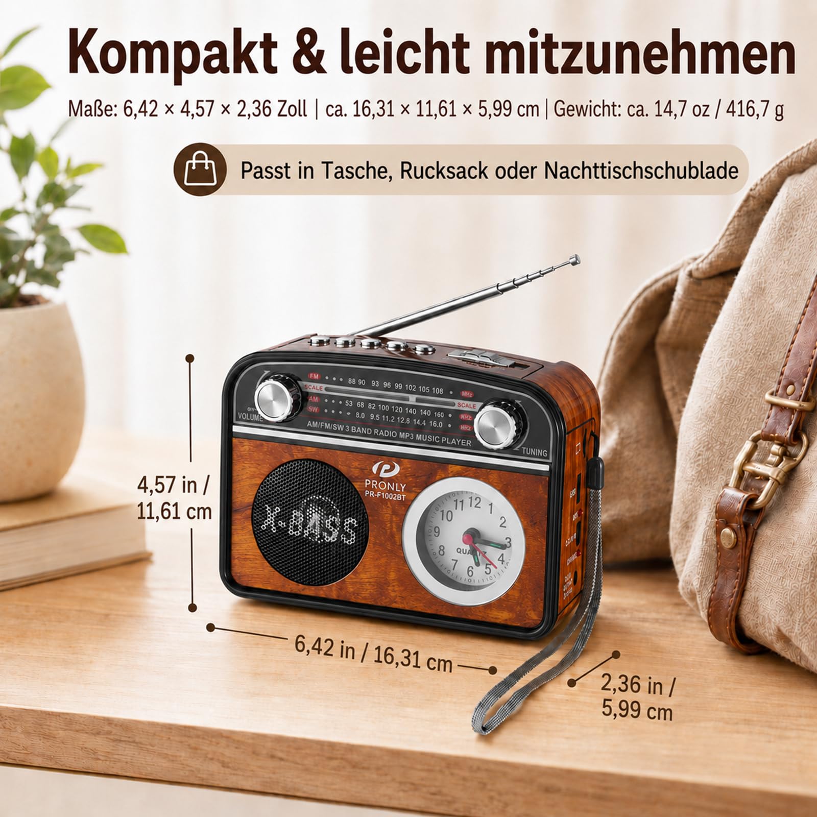 Portable AM/FM Radio mit Bluetooth im Vintage-Stil, Radio Batteriebetrieben mit Uhr & Taschenlampe, USB/TF-Wiedergabe, für Camping, Alltag & Notfälle, Holzoptik (PR-1002BT)