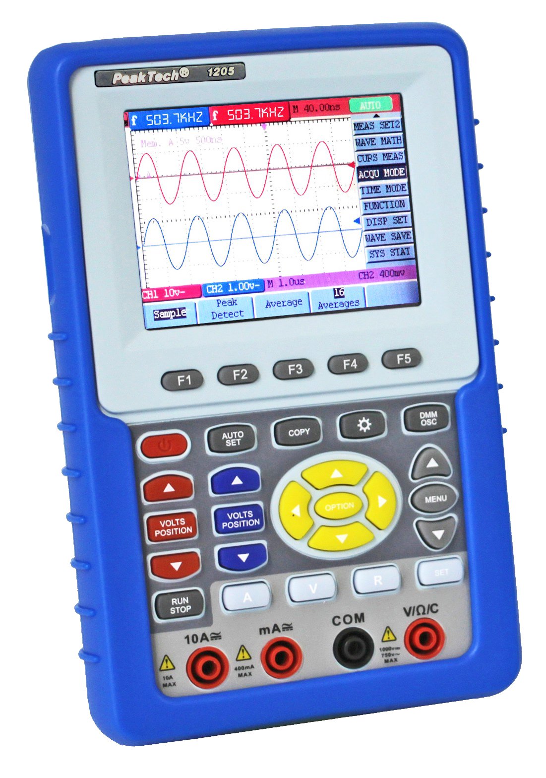 PeakTech 1205 – Oscilloscopio digitale a 2 canali portatile (20 MHz) e Multimetro True RMS (4000 conteggi) con interfaccia USB e schermo a colori da 3,8 ", DSO, Custodia e Accessori