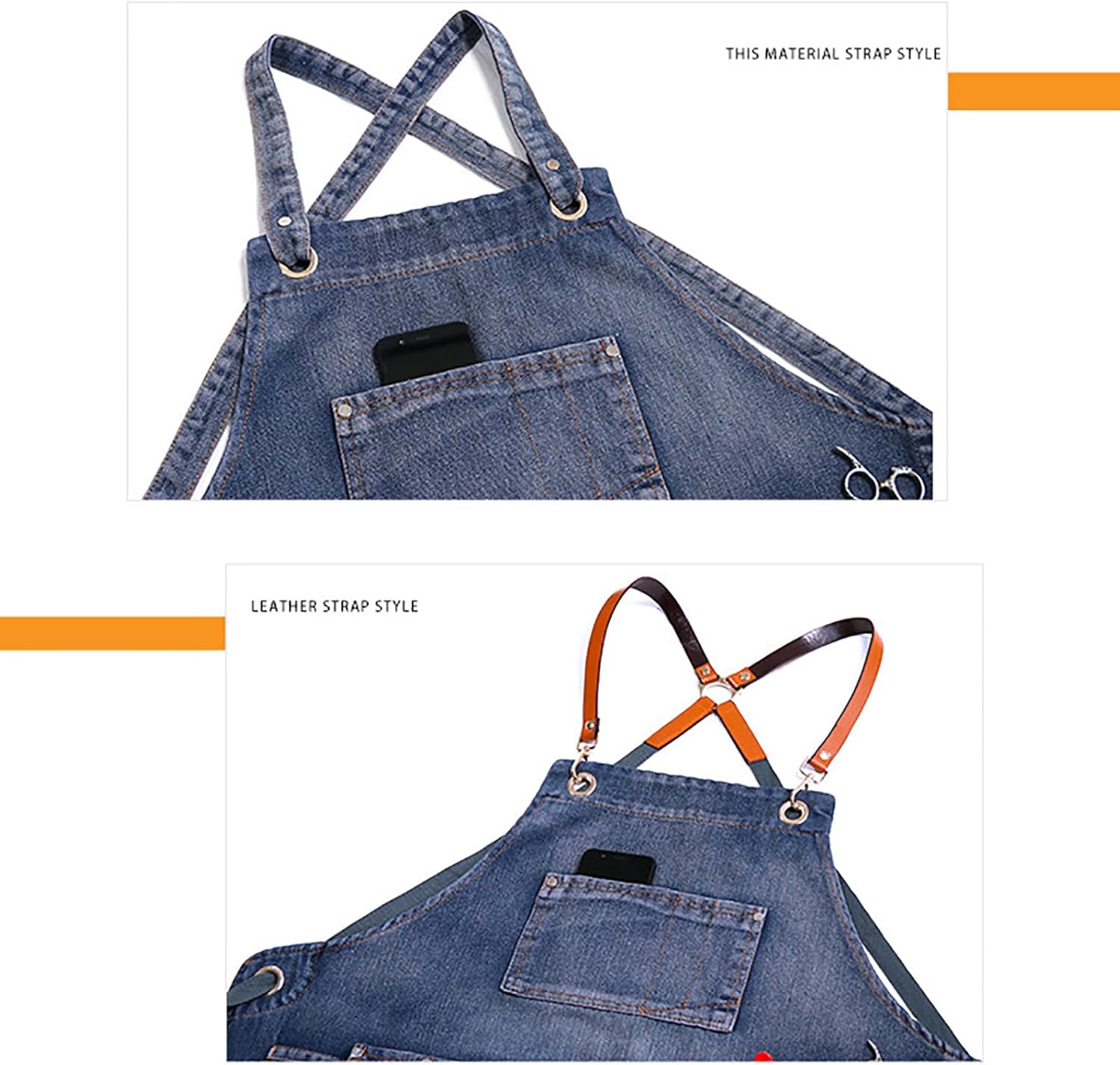 Denim Apron with Adjustable Cross Back And Multiple Pockets for Barber, Chef, Barista, BBQ, Unisex