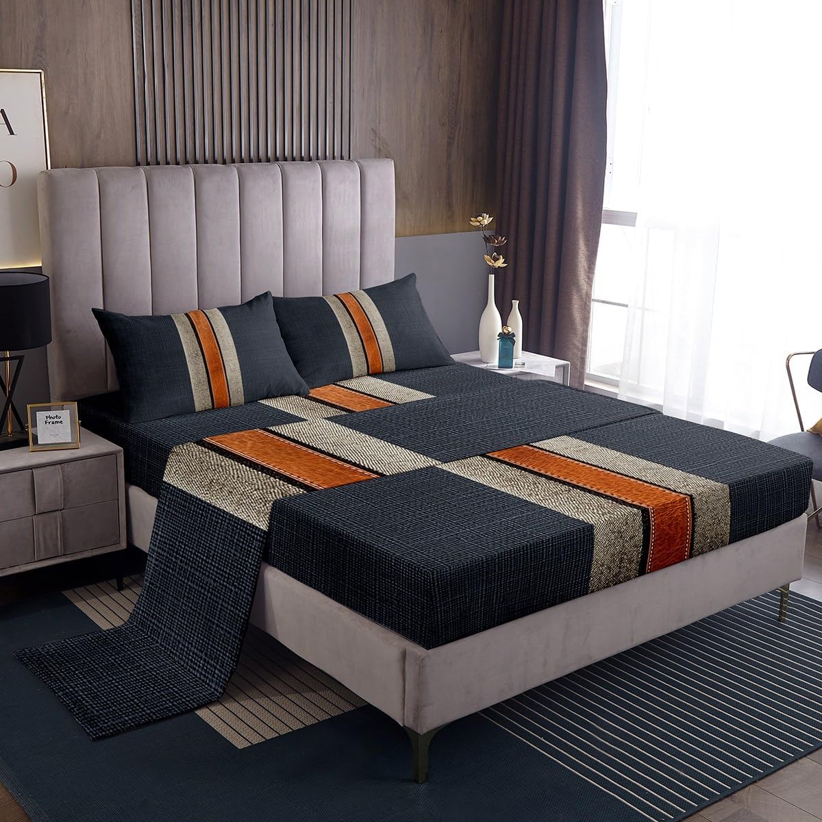 jejeloiu Blue Orange Bed Sheets Set Twin Size Strip Lines Bed Set for Kids Boys Girls Deep Pocket Fitted Sheet Geometric Breathable Soft Lightweight Microfiber Abstract Modern