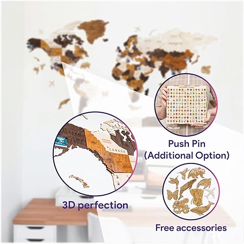 Miniatura 6 de HYPERI Decoración de pared de mapa del mundo de madera 3D multicapa, decoración de pared de arte de madera, mapa mundi para pared, mapas del mundo y