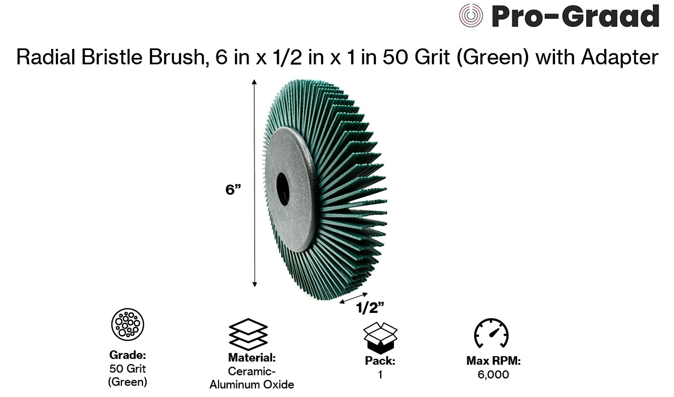 Cepillo de cerdas radiales, 15,24 cm x 1,27 cm x 2,54 cm, grano 50 (verde) con adaptador (paquete de 1)