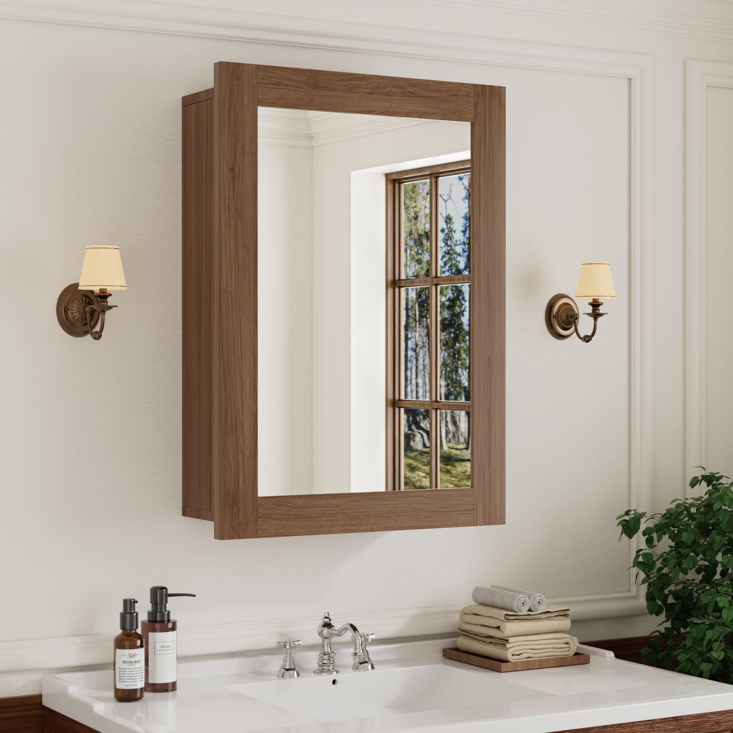16 x 24 Inch Walnut Grain Medicine Cabinet with Mirror, Recessed or Wall-Mounted Wood Storage Cabinet for Bathroom, Adjustable Shelves, Soft-Close Hinges, Rectangle