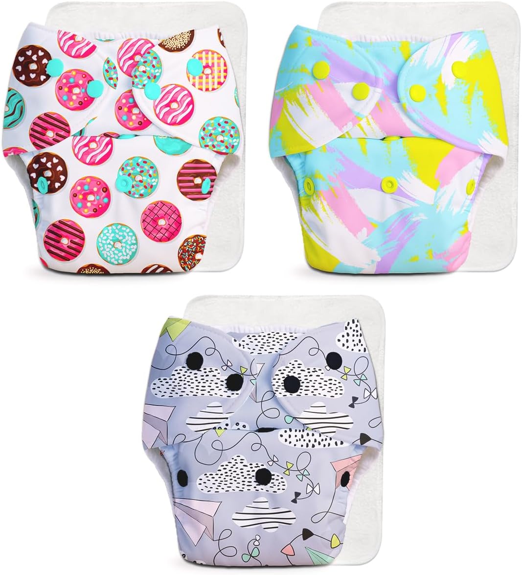 SuperBottoms BASIC Pack of 6 Side Leakage Proof Reusable Cloth Diaper with Quick Dry UltraThin |Freesize, Rash Free, washable Diapers for Kids 0-3 Yrs| Lasts up to 3Hrs|3 Shell + 3 Pads - Assorted