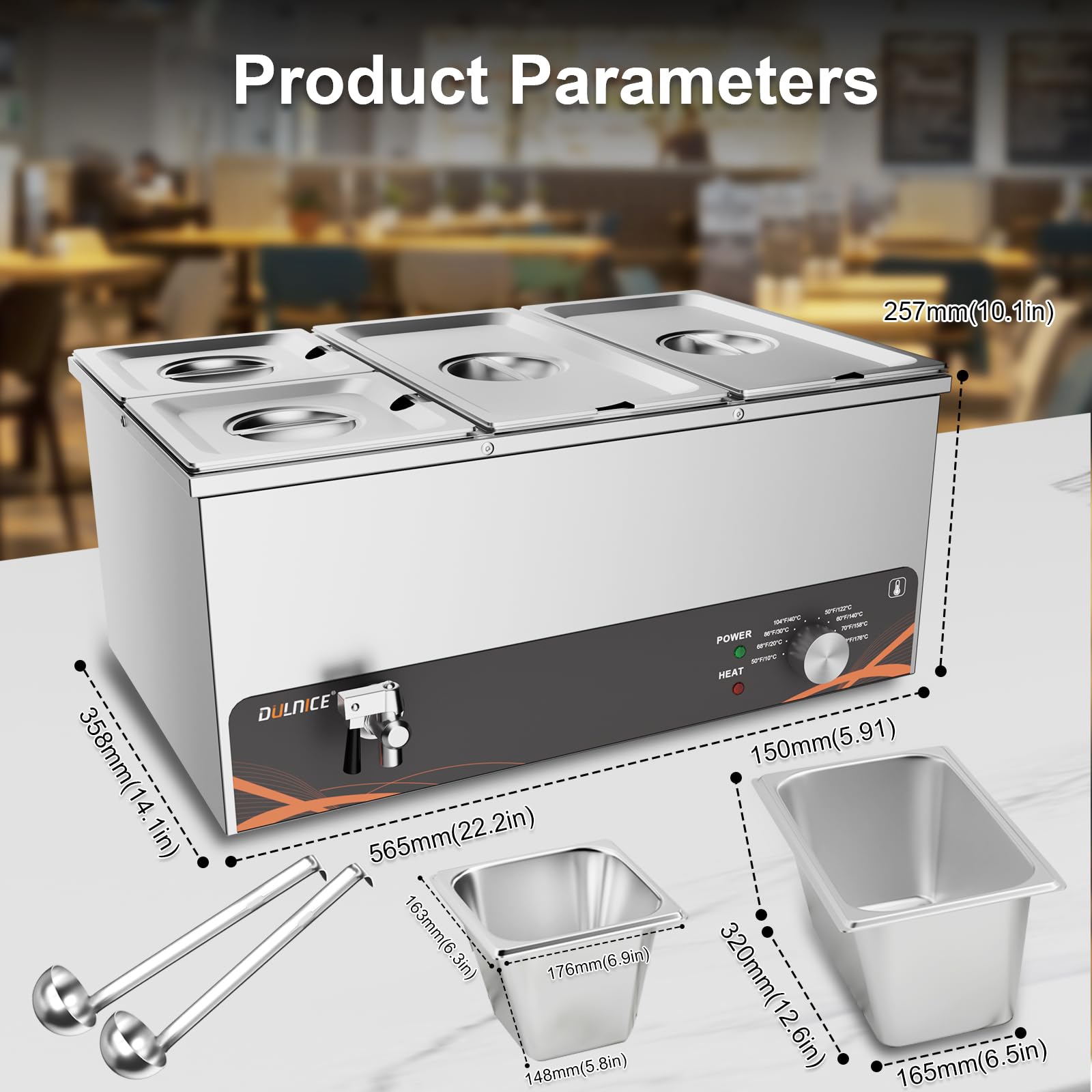 Bain Marie électrique en Acier Inoxydable 4 bacs Buffets Chauffe-Plats Electrique avec Bouton de contrôle de température en métal, Bain Marie Professionnel avec Robinet de vidange 220-240V
