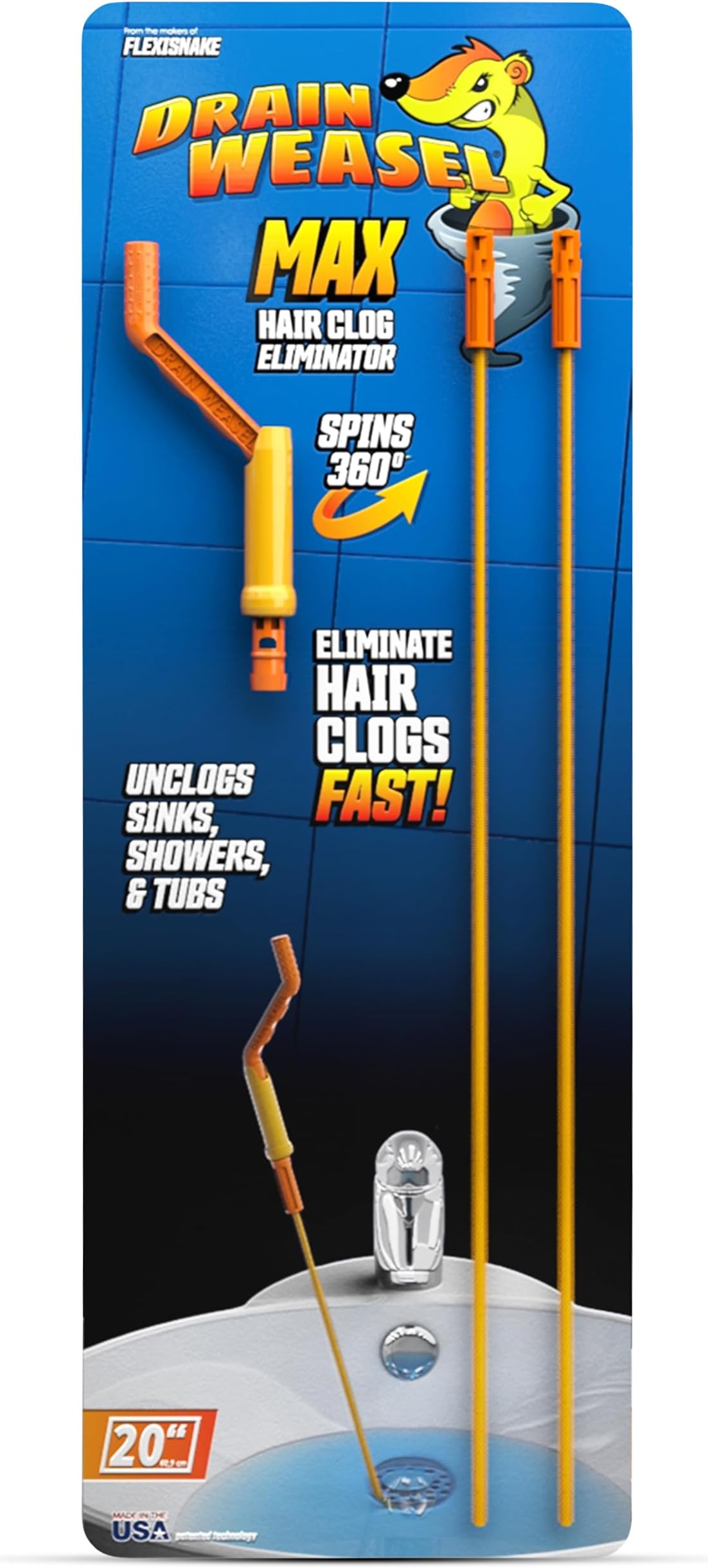 Drain Weasel MAX Drain Hair Clog Remover Tool with Rotating Handle and 2 Wand Refills, Made in the USA, 20 inch