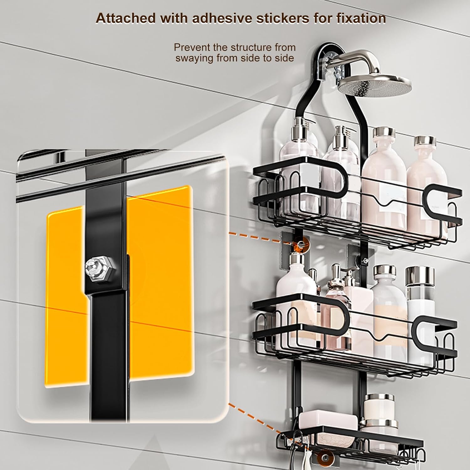 The Shower Head Hanging Storage Rack Featuring Removable Baskets and Hooks for Bathroom Space Saving Installation Without Tools Denial Drill Shower Cart