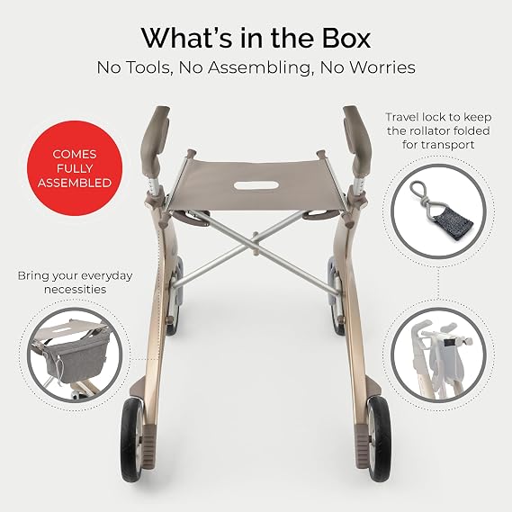 byACRE Carbon Ultralight Rollator Walker, 4.9 kg, Champagne Gold, Wide