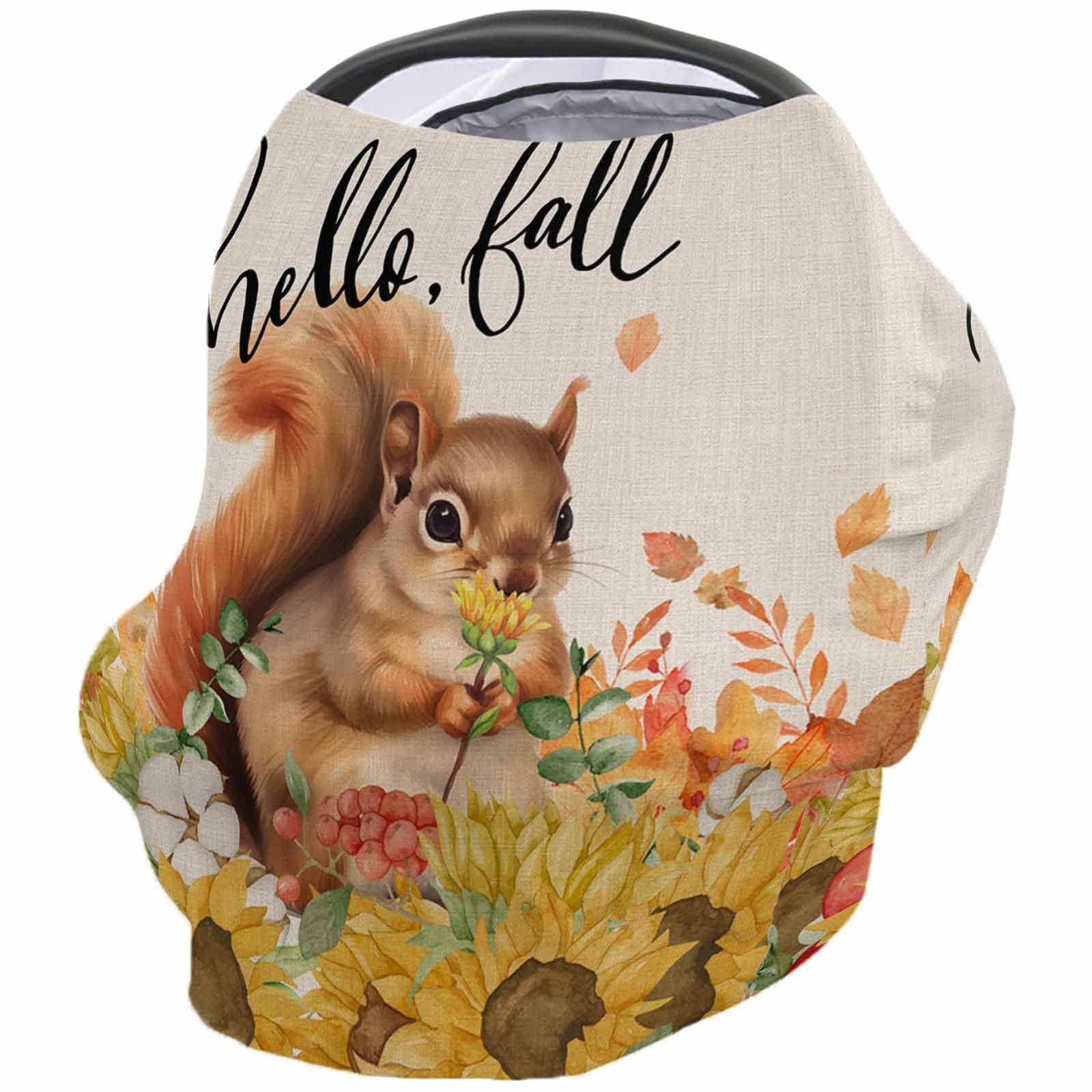 Nursing Cover for Breastfeeding Scarf, Fall Hand Drawn Squirrel Flowers Sunflower Baby Car Covers Super Soft Multi Use for Canopy Shopping Cart Cover Blanket Stroller Cover