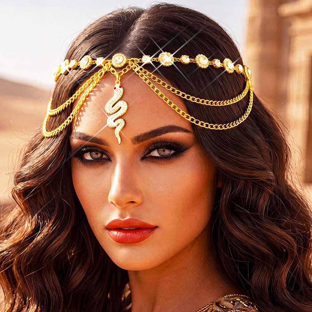 ACEDRE Rhinestone Snake Head Chain Boho Gold Egyptian Headpiece for Women | Snake Gold Forehead Headpiece Egypt Bohemian Head Jewelry Halloween Cleopatra Costume Hair Accessories
