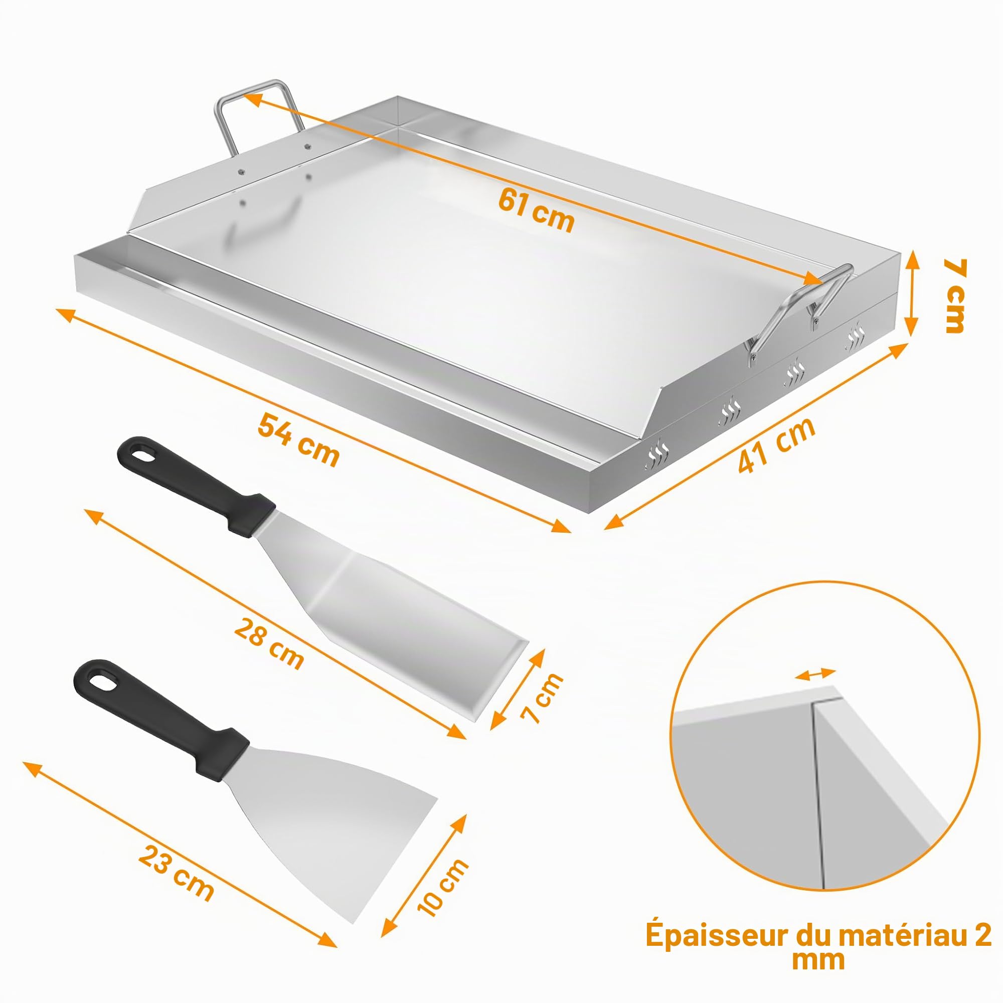FIVMEN Plancha universelle en acier inoxydable - 61 x 41 cm - Avec 2 spatules et poignées