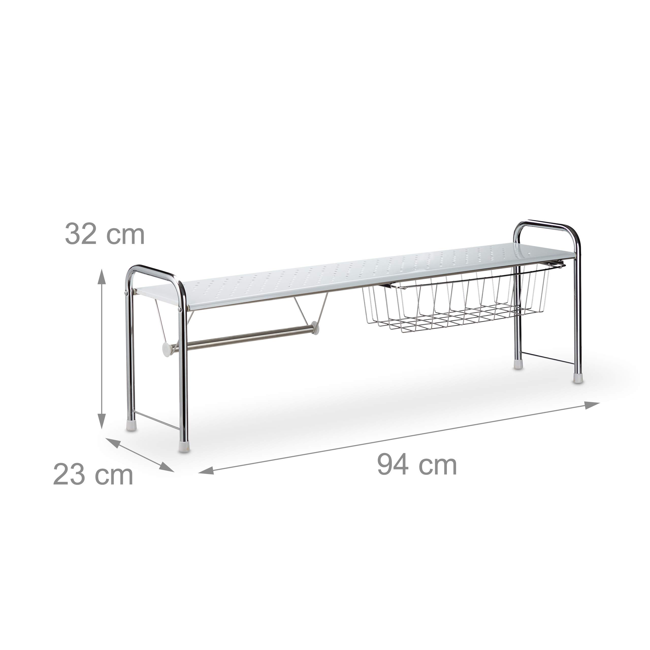 Relaxdays Estante para Fregadero, con Portarrollos, Estantería de Cocina con Cesta, Metal, 32x94x23 cm, Blanco/Plateado