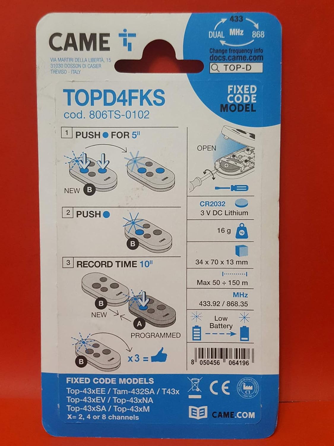 Front of CAME TOPD4FKS packaging with product details