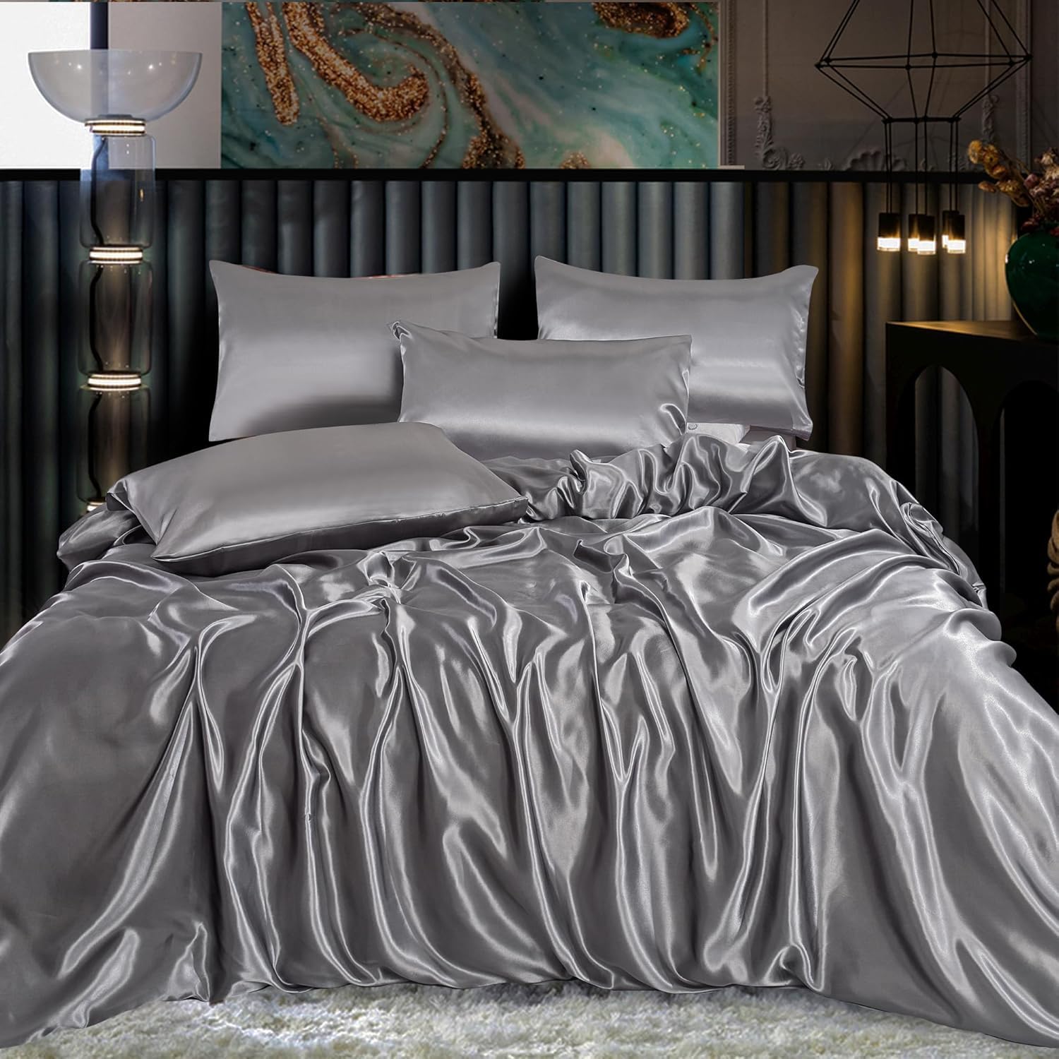 ROOEE Silk Satin Duvet Cover with Pillowcases Bedding Set for Single Double King Size Bed Easy Care Luxury Ultra Soft Quilt Cover (SILVER, Single)