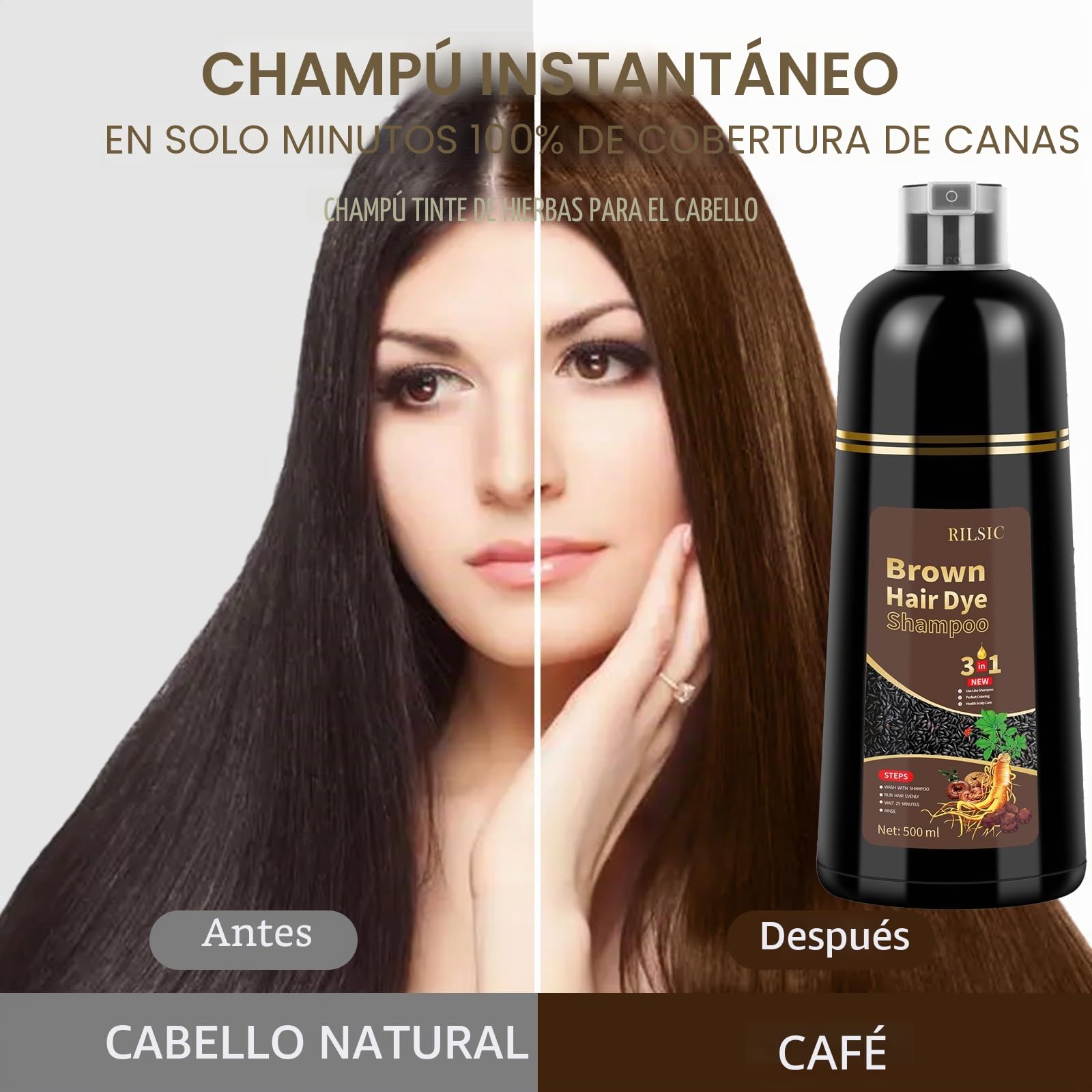 Hair Dye Shampoo 3 en 1 Cubre Canas, Brown Hair Dye Shampoo 3 en 1,Hair Color, Champú de Color Para el Cabello Instantáneo,Cobertura De Canas En Minutos para Hombres y Mujeres (Marrón)