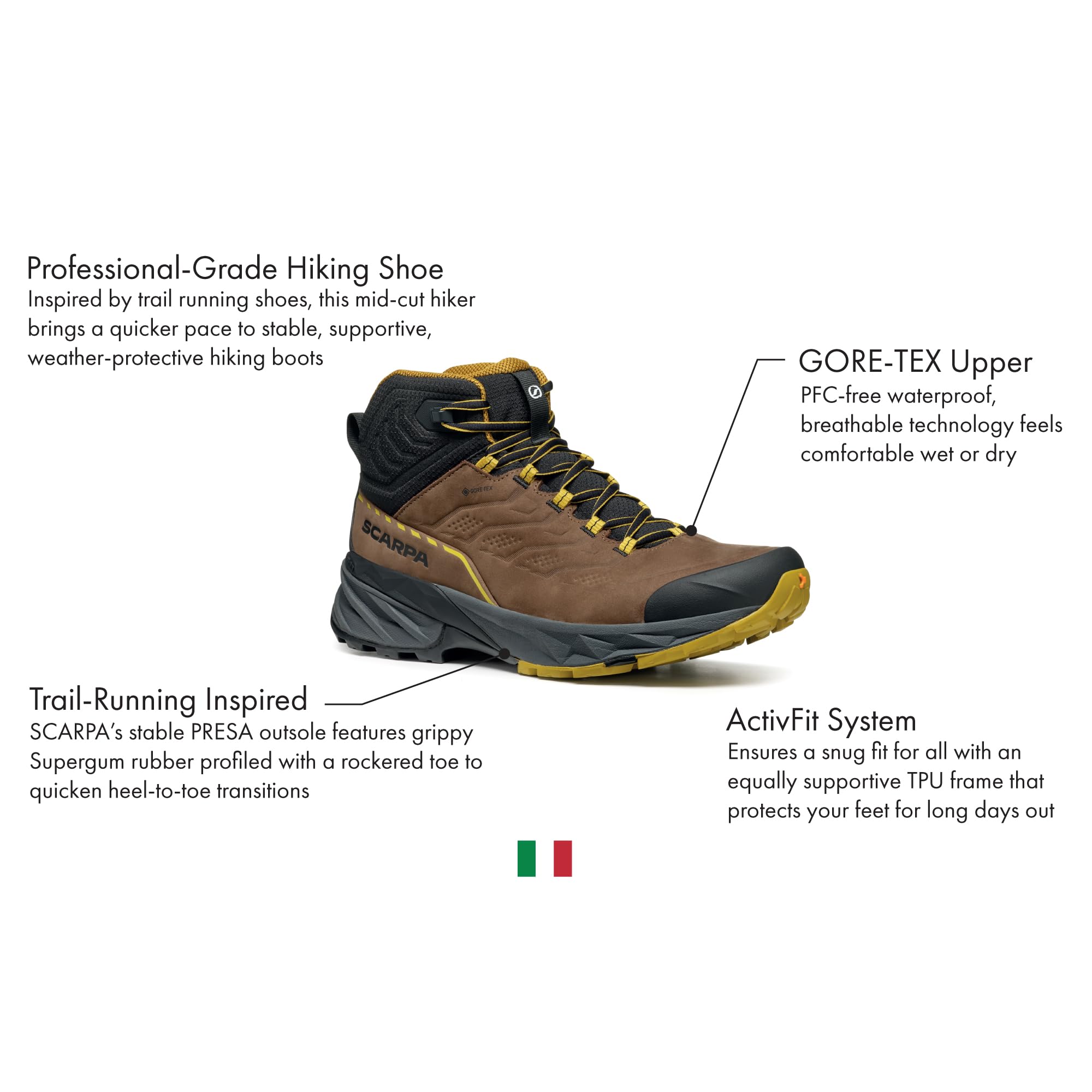 SCARPA Men's Rush 2 Pro Mid GTX Waterproof Gore-Tex Lightweight Hiking Boots - Brown/Sulphur - 11.5-12 Men/12.5-13 Women