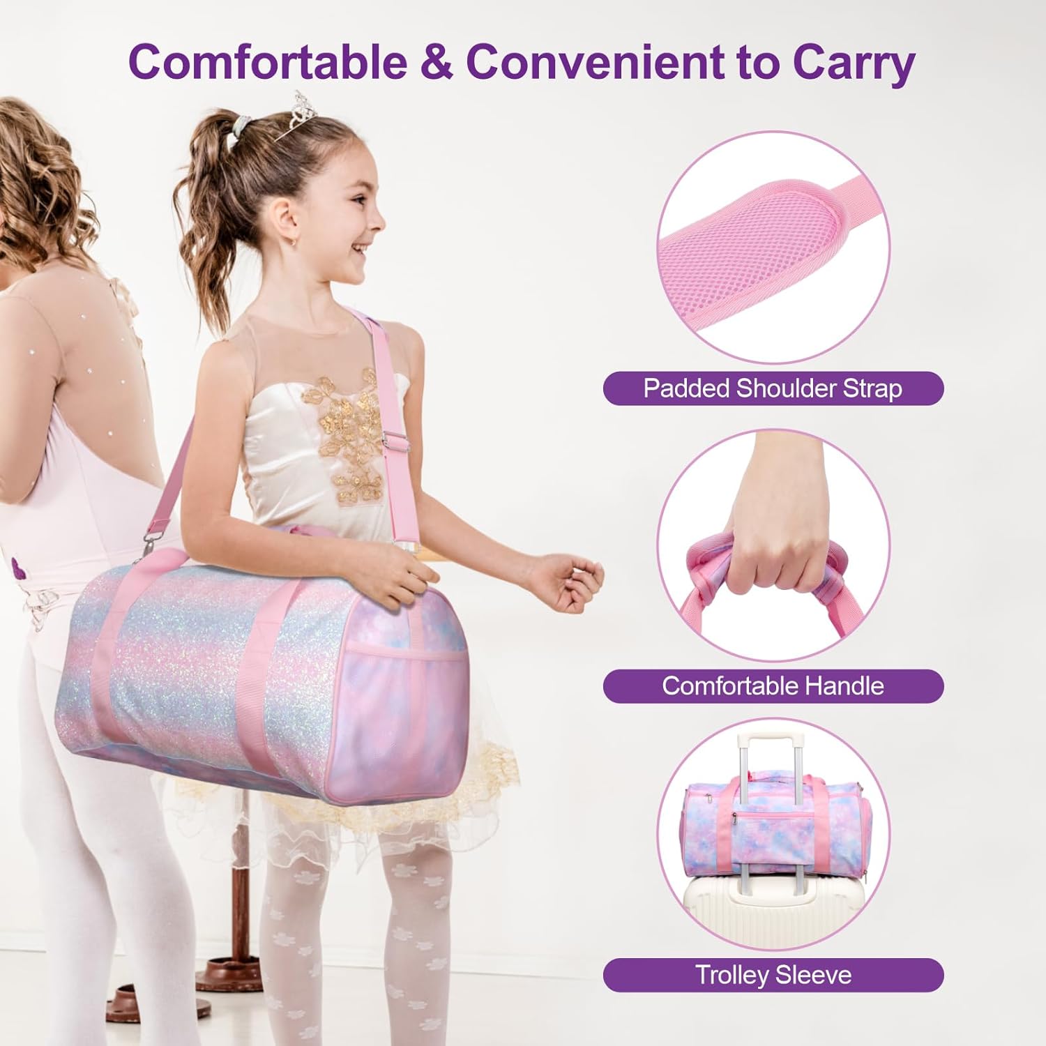 Bagseri Dance Bag for Girls - Kids Duffle with Shoe Compartment, Gymnastics Tote for Sleepover Travel with Water Resistant Wet Pocket (Tie-dye,Pink) - Image 4