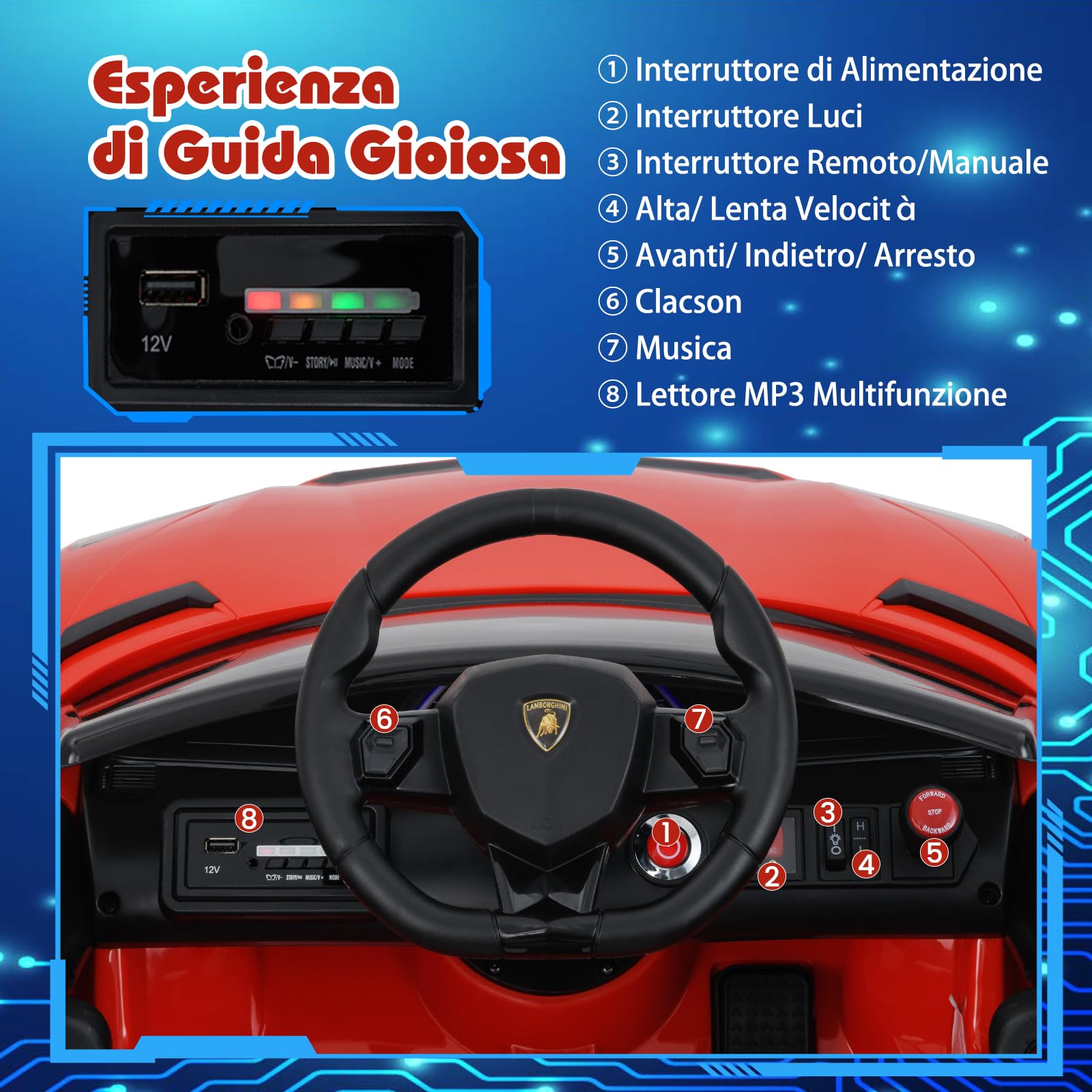 COSTWAY 12V Lamborghini Macchina Elettrica per Bambini, Veicolo Elettrico con Telecomando Sospensione a Molla Luci LED MP3, 3-5 km/h, per Bambini 3 Anni+ (Rosso)