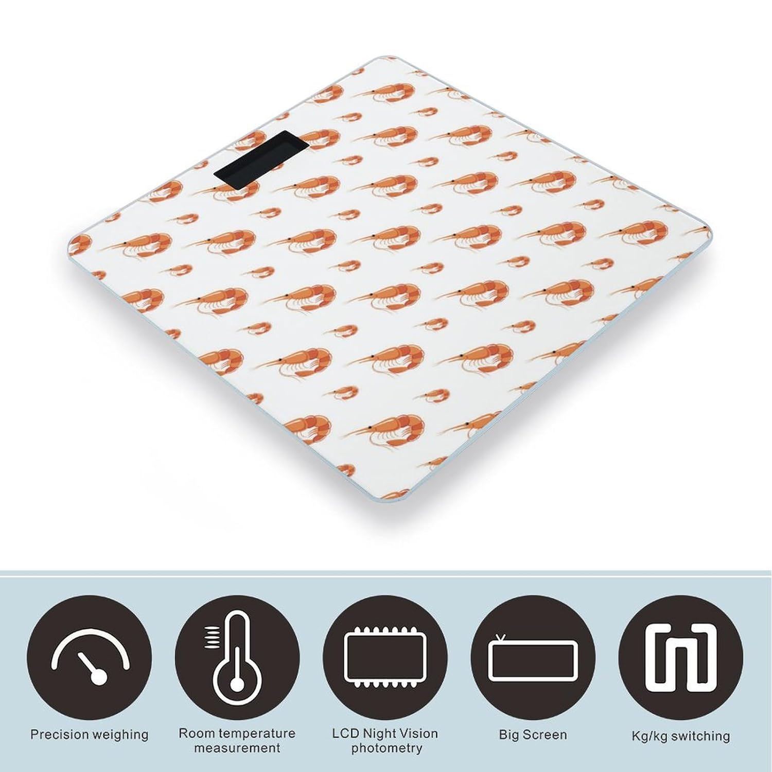 Icons representing key features of the Novastar Shrimp No.901 Digital Body Weight Scale: Precision weighing, Room temperature measurement, LCD Night Vision photometry, Big Screen, and Kg/kg switching.