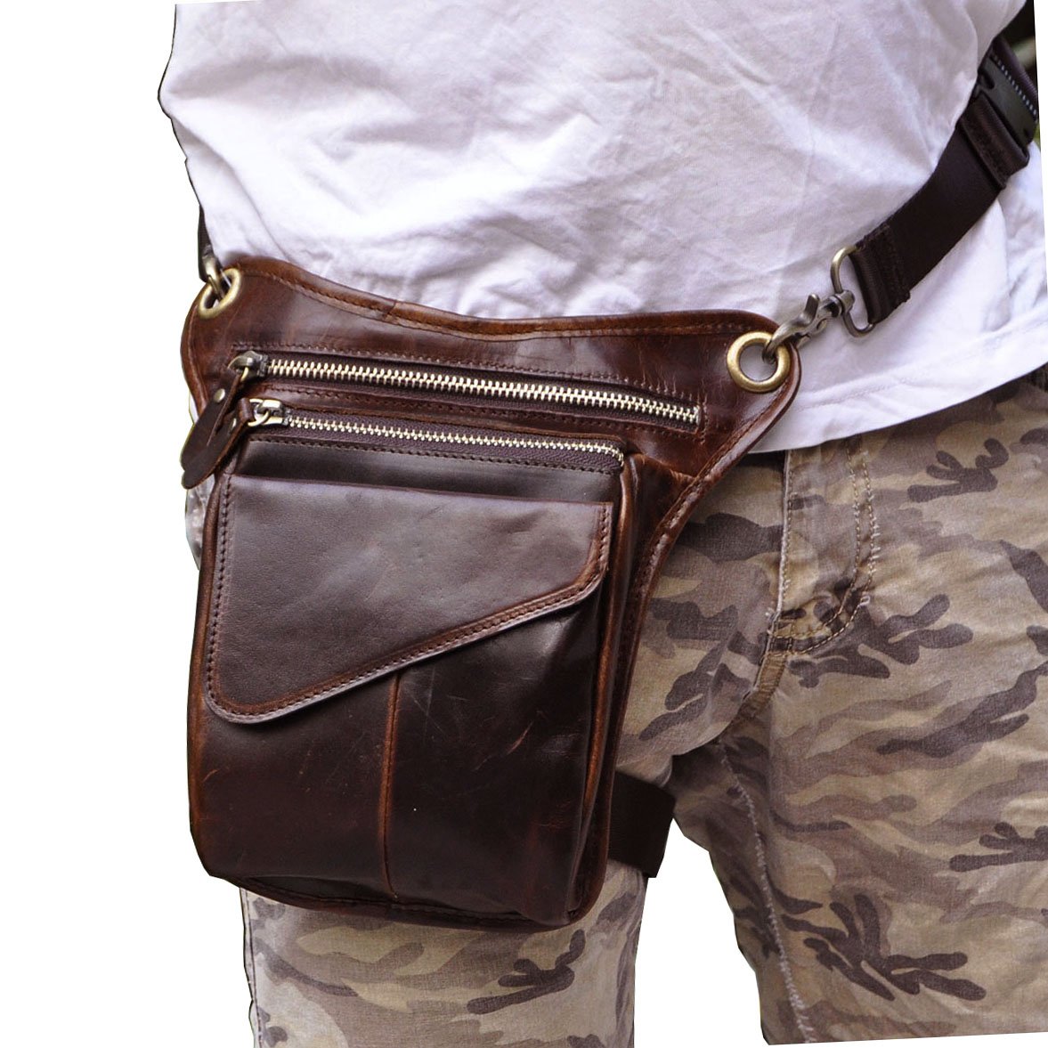 Le'aokuu Hombres Cuero Genuino Bolso Cintura Bolsa de Cuero Gota Pierna Bolsa para Hombres Bolso Multifuncional Militar Táctico Moto Bicicleta Senderismo Deportes Camping Montar 211-3 Café