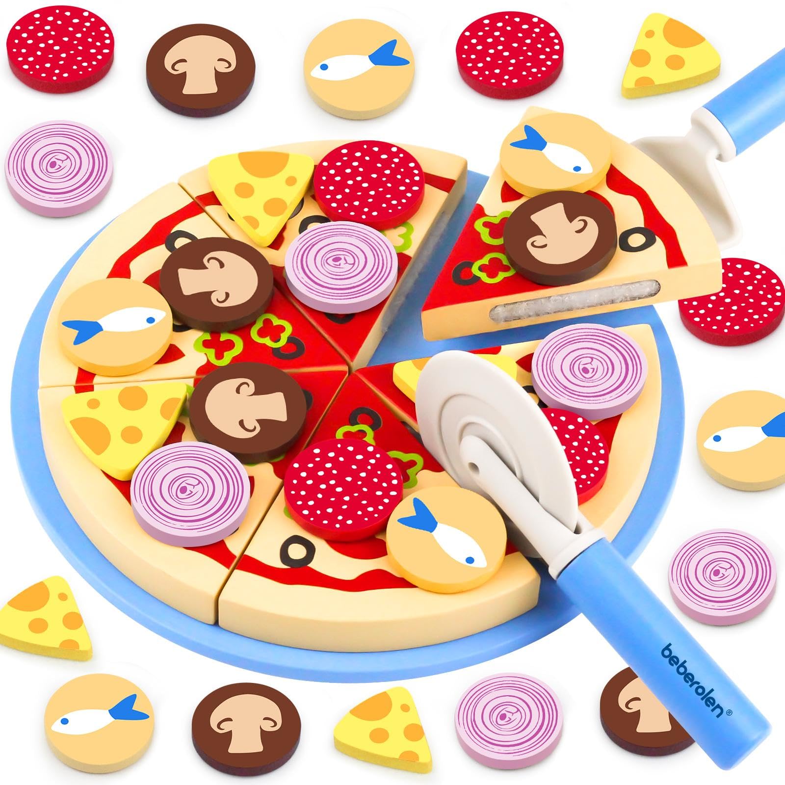 Beberolen Kinderküche Zubehör Holz, Pizza Set Holz, Spielküche Holzpizza, Pizza Spielzeug für Kinder Küche, Holzspielzeug Pizza mit Pizzaschneider, Pädagogisches Rollenspiel Lernspielzeug Geschenk