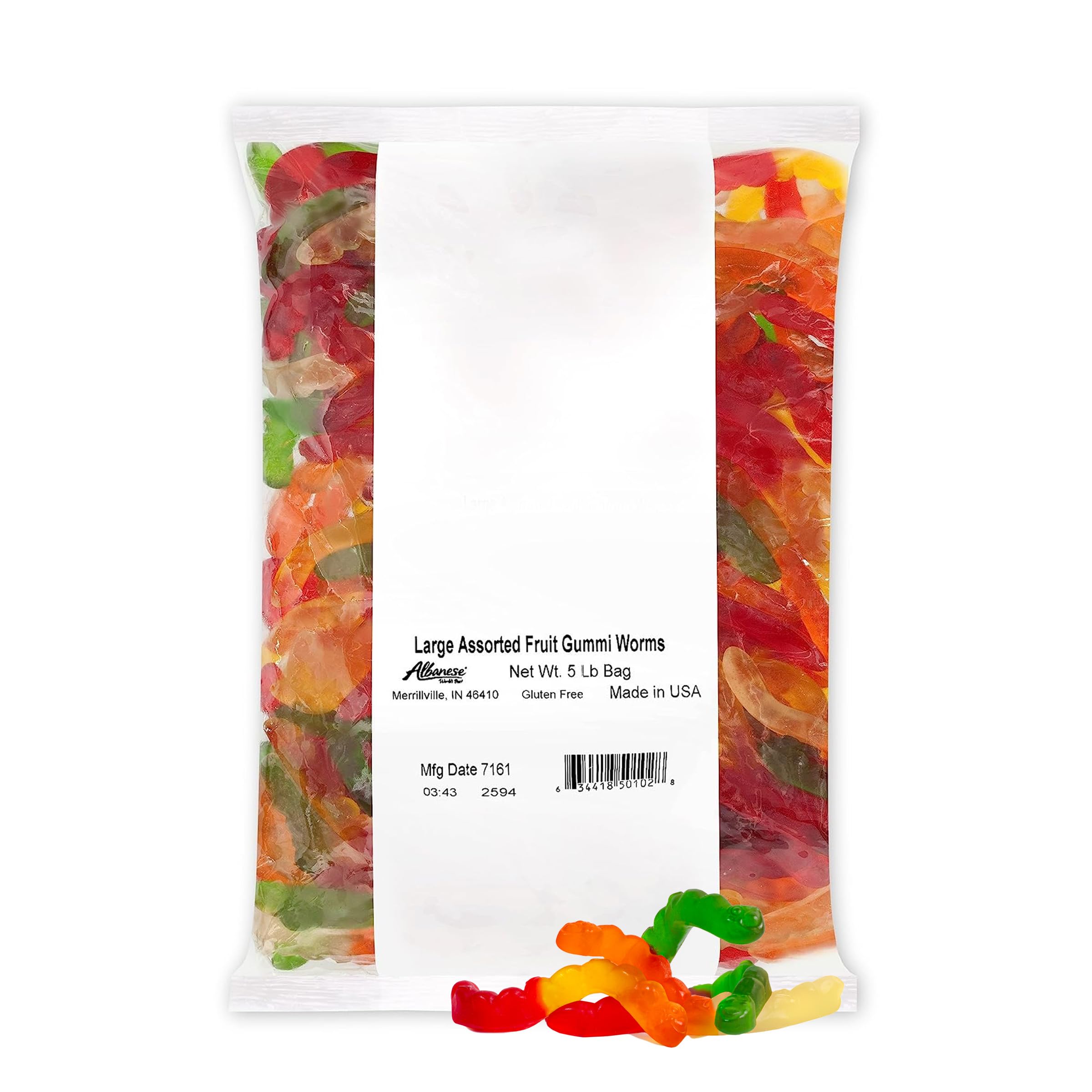 Albanese World's Best Large Assorted Fruit Worms | 5lbs of Candy | Gluten Free, Fat Free, Soft and Chewy Gummy Worms | Cherry, Green Apple and More | Perfect for Birthday Parties and Sharing