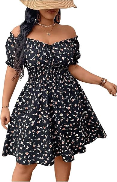 Floerns Abito Lungo Floreale Plus Size Per Donna – Scollo All'americana, Maniche A Sbuffo, Orlo Con Volant – Taglie 0XL A 4XL – Floreale Multicolore - 5