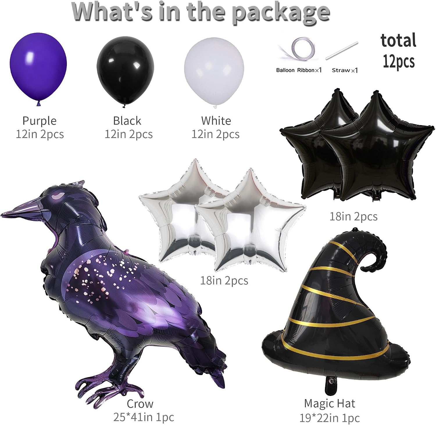 Midnight Magic Raven Balloon Set, 12PCS Wizard Fantasy Party Decorations – Crow Magic Hat Foil Balloons with Black Silver Star and Latex Balloons for Halloween, Birthday, Gothic Theme