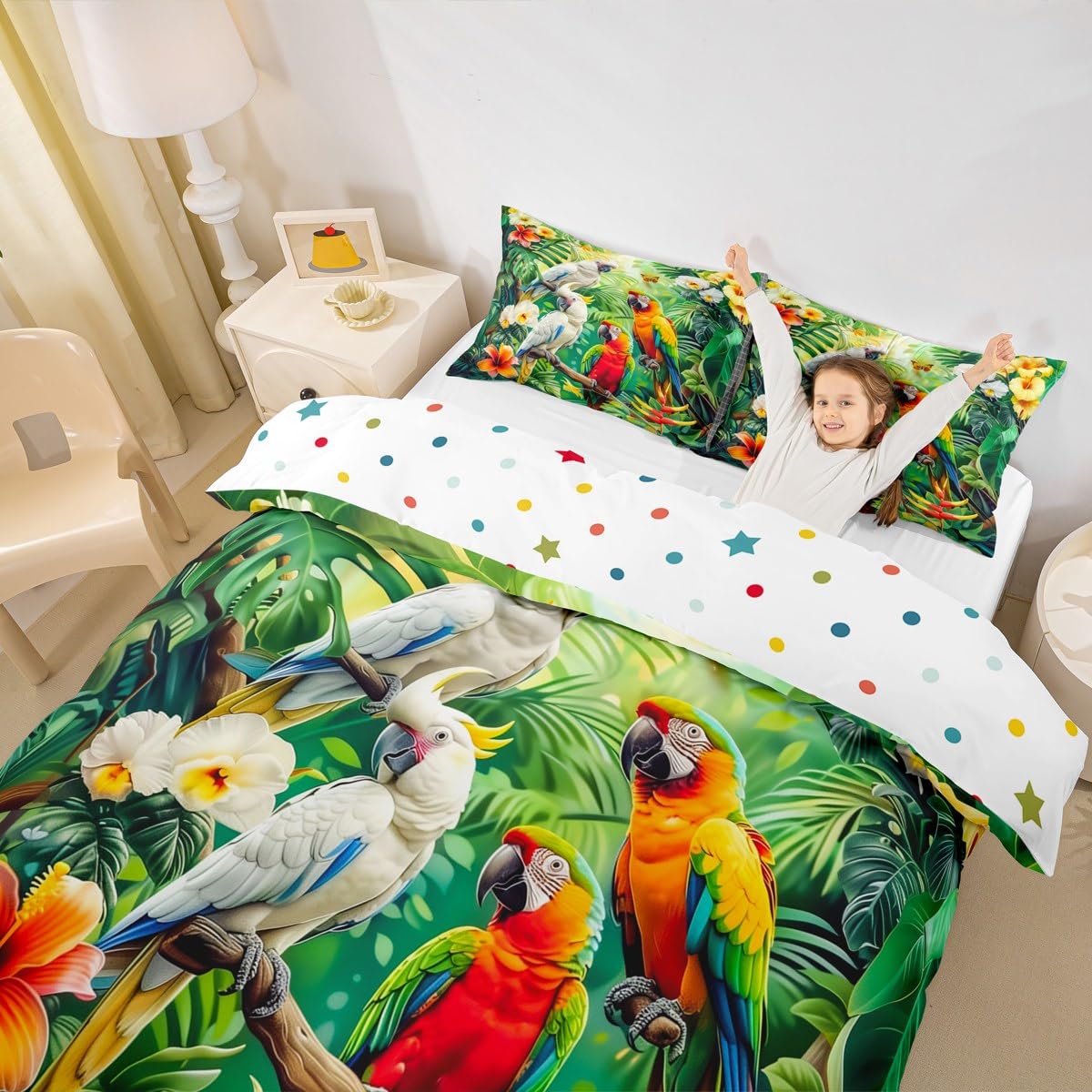 Erosebridal Jungle Parrot Toddler Bedding Set for Kids Boys Girls,Bird Animal Comforter Cover Tropical Plant Duvet Cover Green Palm Leaf Nature Botanical Quilt Cover