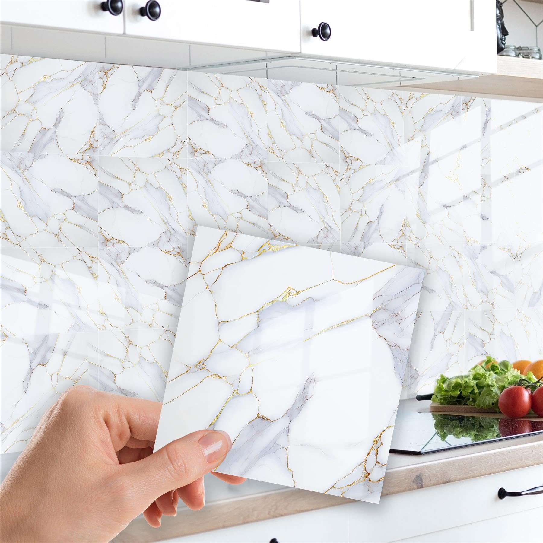 WALPLUS White Tile Stickers Self Adhesive Wall Tiles 15x15cm(6") White Stick on Tiles Kitchen Removable Self Adhesive Tile for Walls Sticky Back Modern Kitchen Tile Stickers 24 Pieces