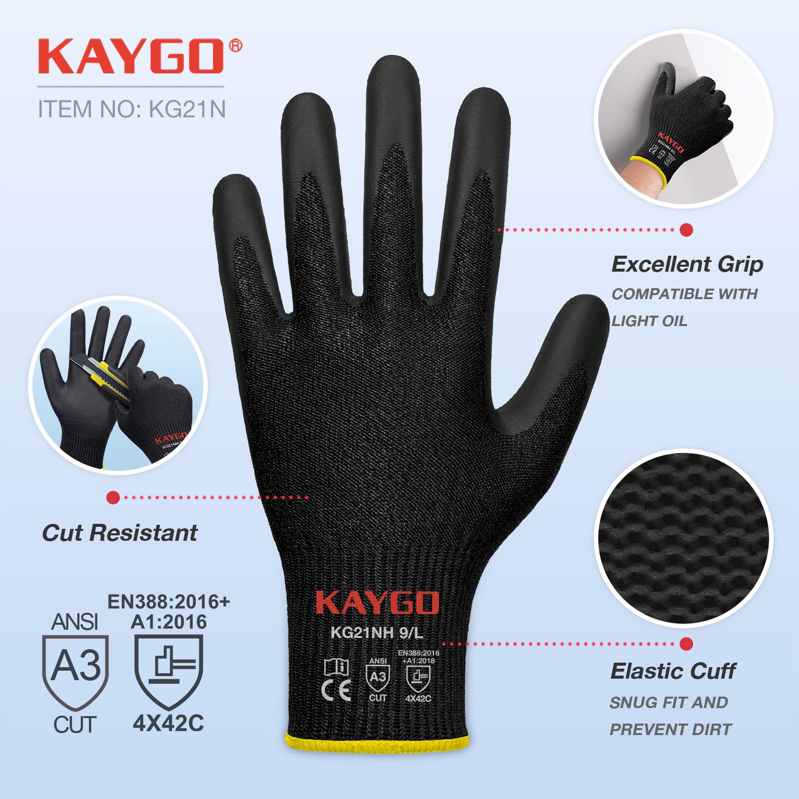 KAYGO Guanti da Lavoro con Rivestimento in PU 60 Paia - KG11PB, Presa Antiscivolo su Palmo e Dita, Progettati per Lavori Generali, Giardinaggio e Mansioni Leggere (Nero, Taglia XL/10