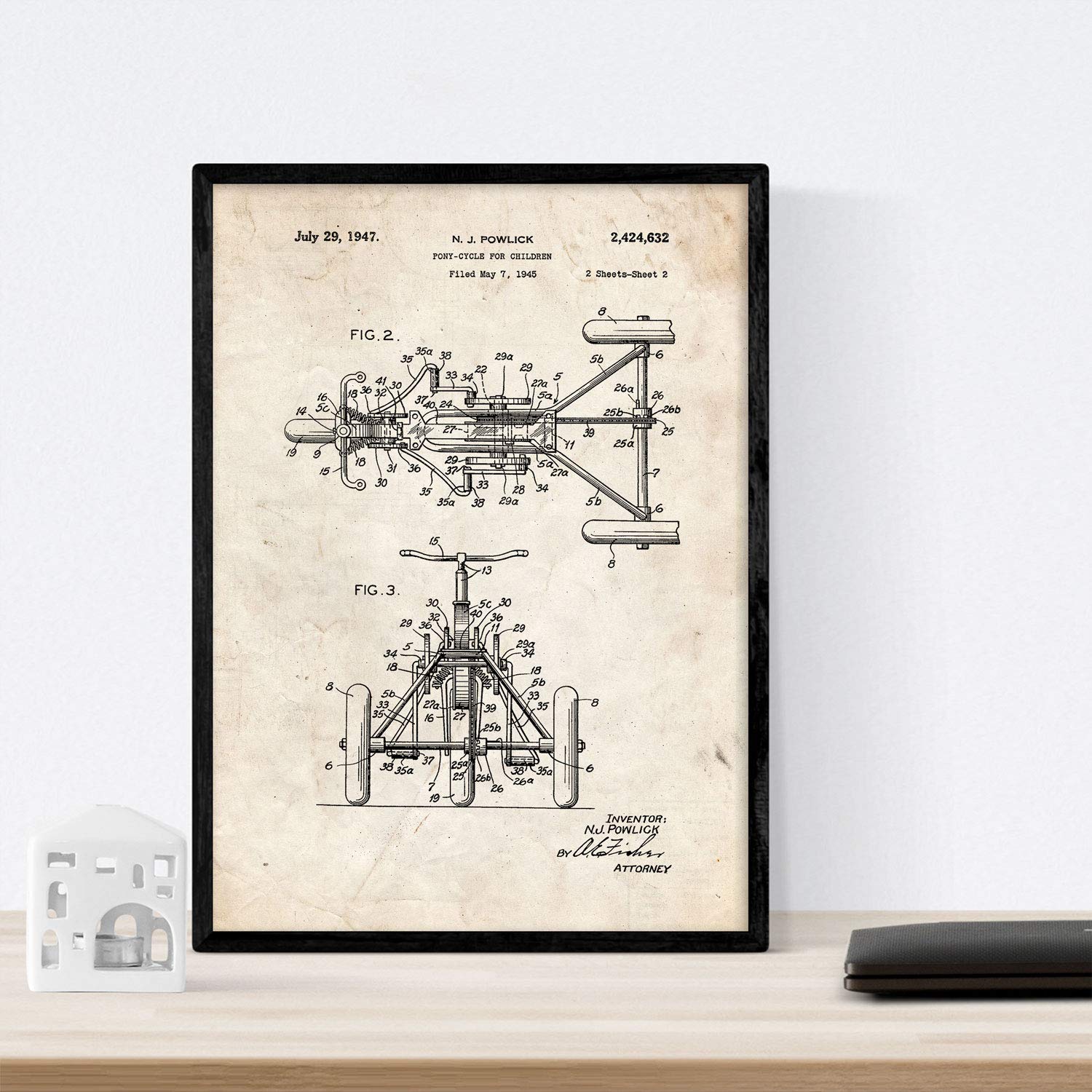 Nacnic Poster patent Tricycle. Sheet with old design patent in A3 size and vintage background, 42L x 7W cm - Image 2