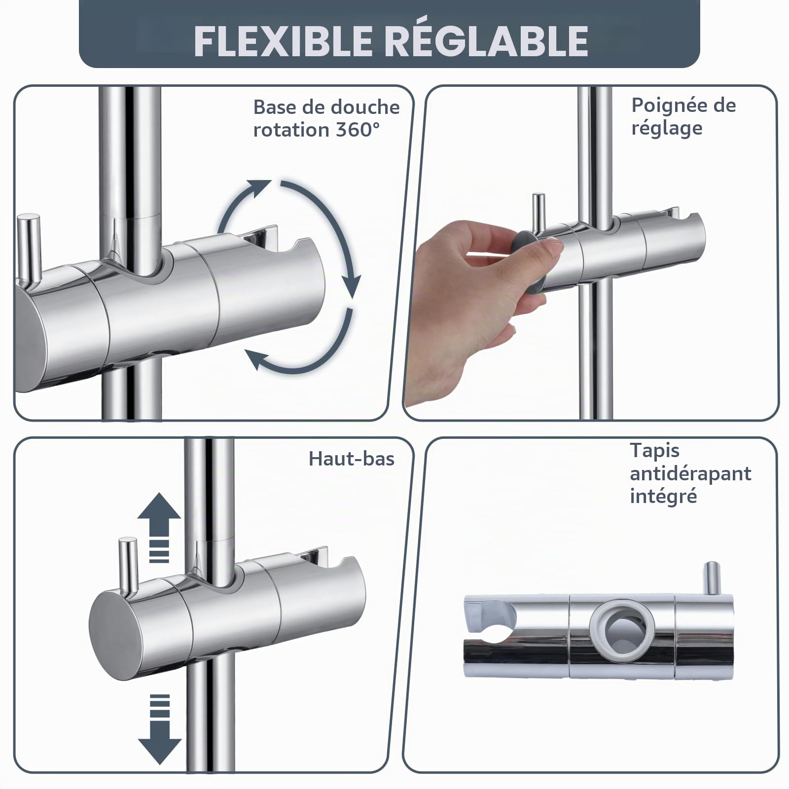 90cm Barre de Douche en Acier Inoxydable, DETBOM Barre de Douche avec Support de Pommeau de Douche Réglable à 360° et Fixations Murales Variables pour S'adapter aux Trous de Perçage Existants, Chromé