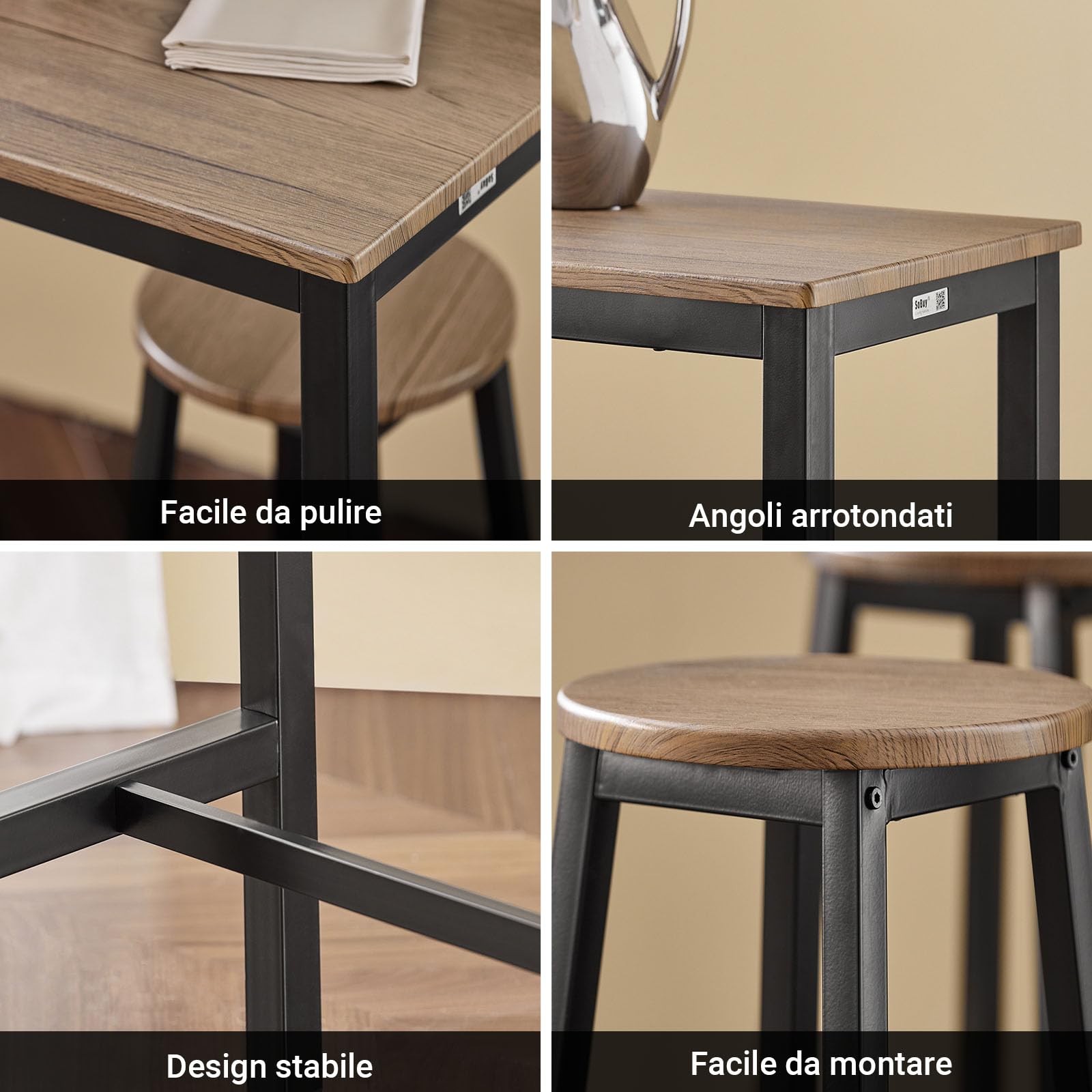 SoBuy Set Tavolo da Bar Alto con 4 Sgabelli - Tavolo Salvaspazio per Cucina Piccola e Balcone, Stile Industriale Moderno - Tavolino Alto da Esterno per Giardino o Terrazzo Nero OGT22-SCH