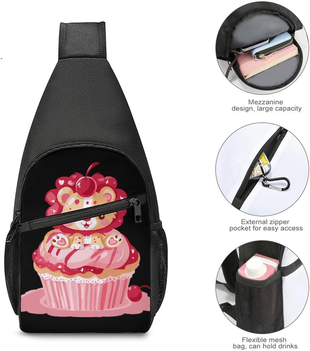 Lion on Cupcake Cherry Crossbody Sling Backpack Chest Bag Daypack | unisex,trendy,with convertible and detachable shoulder strap,side pockets