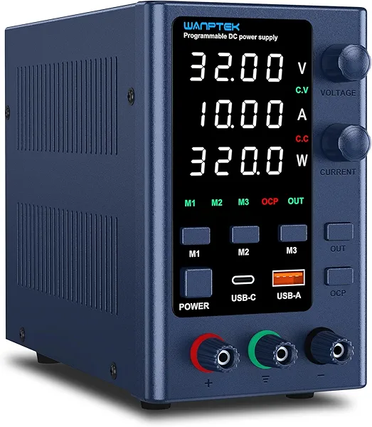 WANPTEK POWER DC Power Supply Variable 0-32V 0-10A Bench Power Supplies Adjustable with Memory Storage/USB-A&Type-C Fast Charge/OCP&Output Function /4-Digit LED Display/