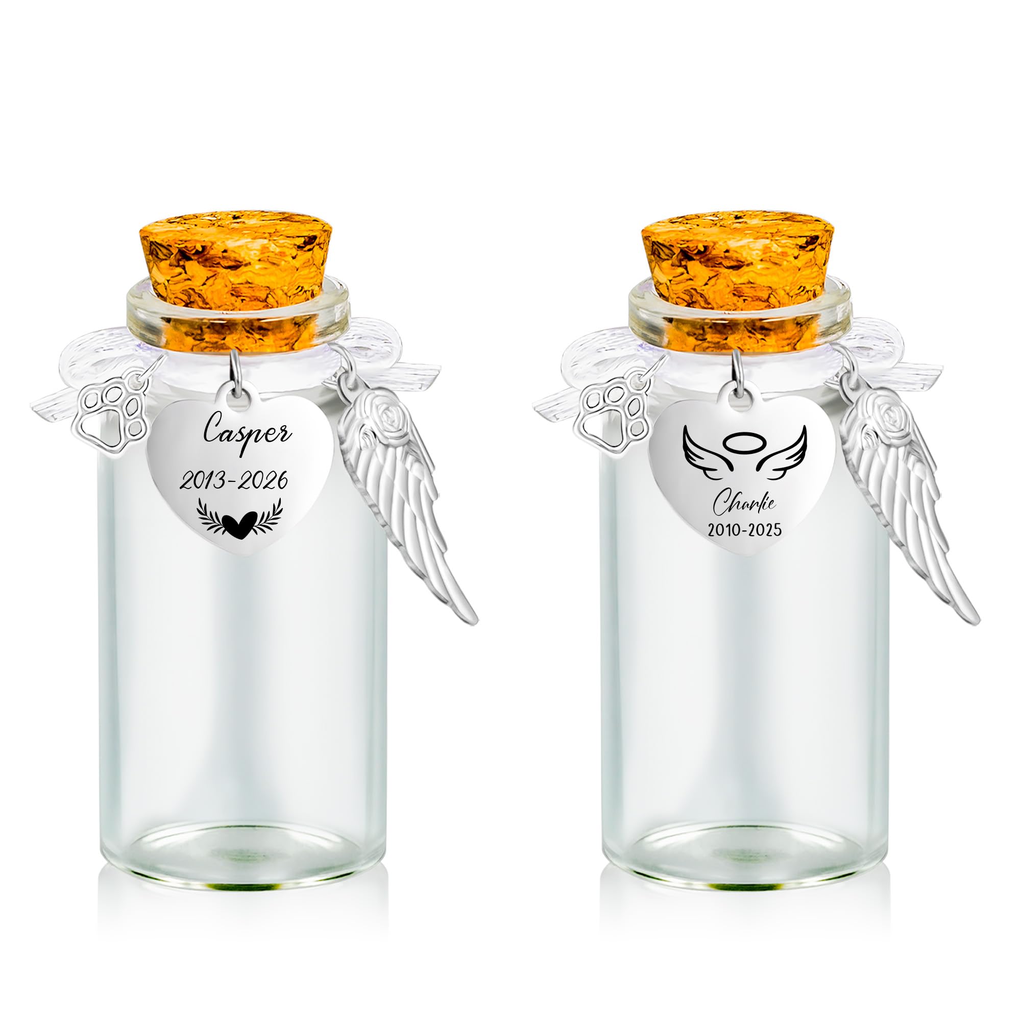 Gredstar Personalised Pet Memorial Glass Bottle, Vial for Ashes & Keepsake Jar for Dog Cat Fur Hair Whiskers, Custom Sympathy Remembrance Gift for Pet Loss, Set of 2