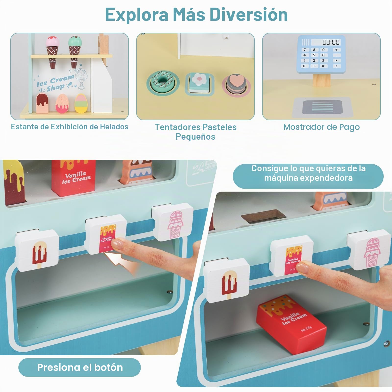 HOMASIS Carrito de Helados de Madera con 15 Accesorios, Juego de simulación con máquina expendedora, Expositor, Pantalla, Heladería con Ruedas y toldo para niños de 3+ años, 75,5x31x88cm (Verde)