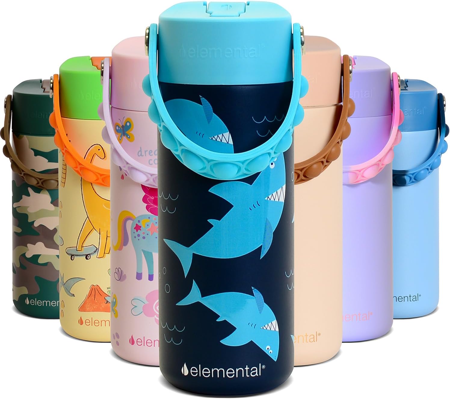 Elemental Insulated Kids Water Bottle, Stainless Steel Water Bottle with Straw Lid & Pop-It Handle, Leak-Proof Water Bottles for School, Boys or Girls, Travelling and Sports, 18oz - Sharks Ahoy