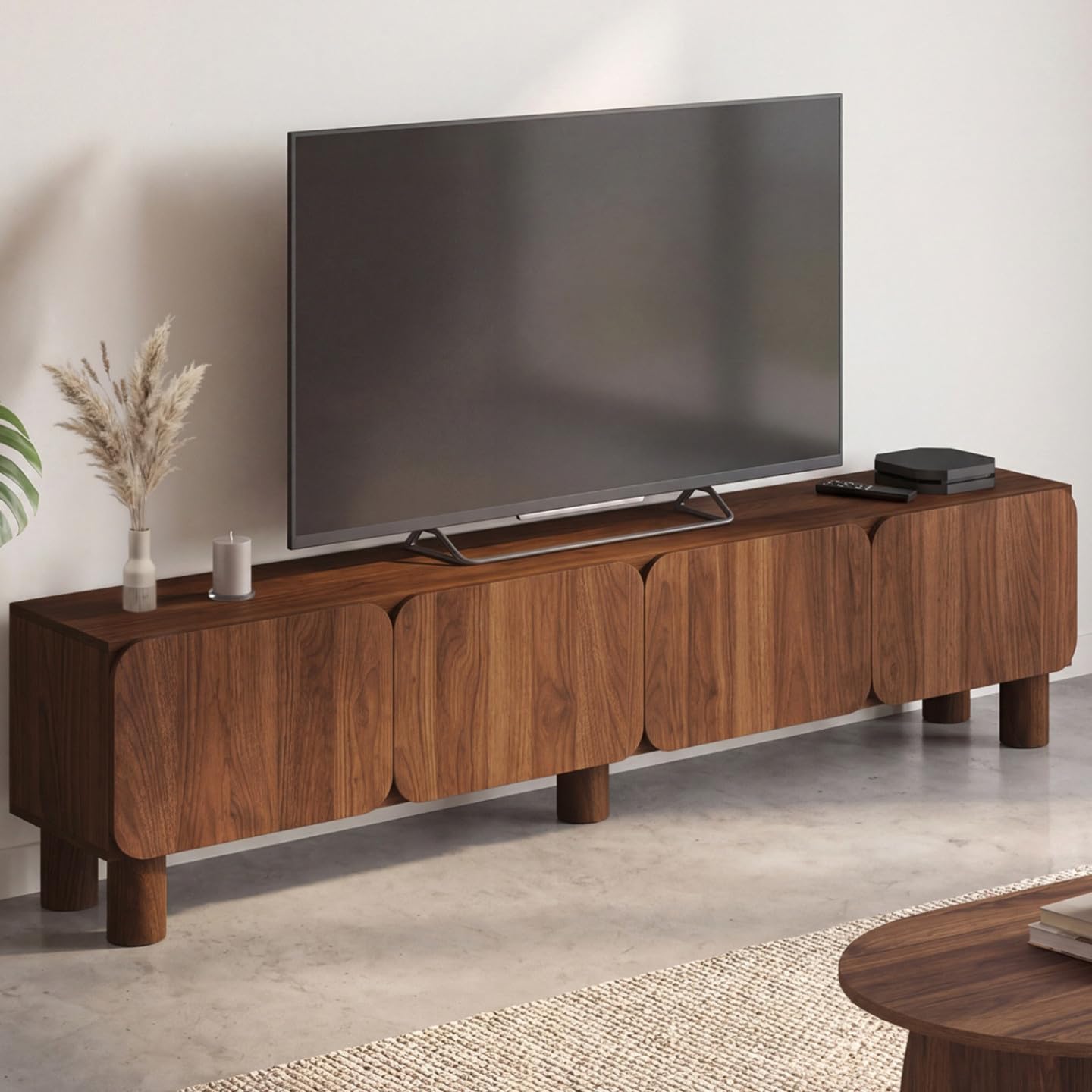 IDMarket - Mueble TV 180 cm SARANDA 4 puertas redondeadas madera efecto nogal