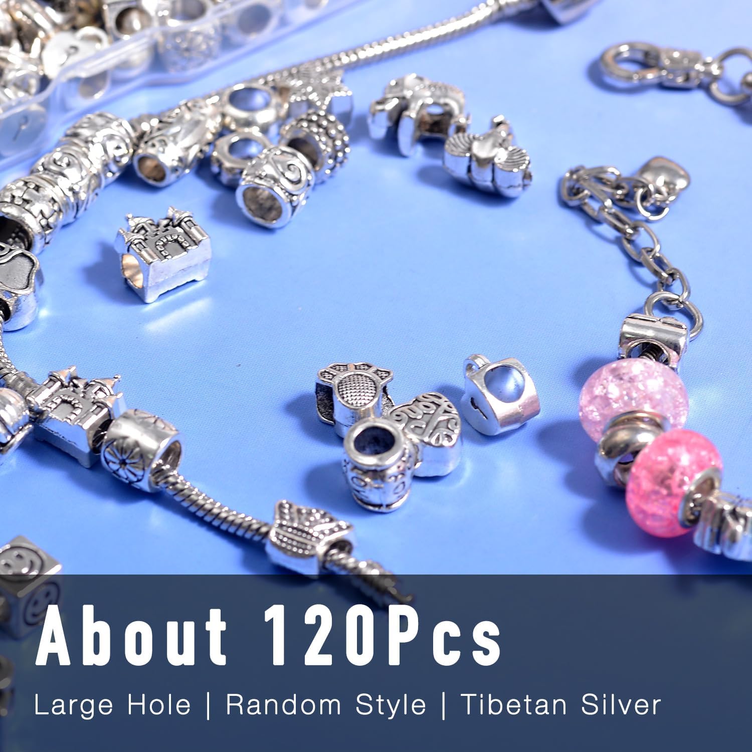 120Pcs Large Hole Metal Spacer Beads for Jewelry Making, Silver & Gold Findings for Bracelet, Large Hole & Mixed Style (Silver) - Image 3
