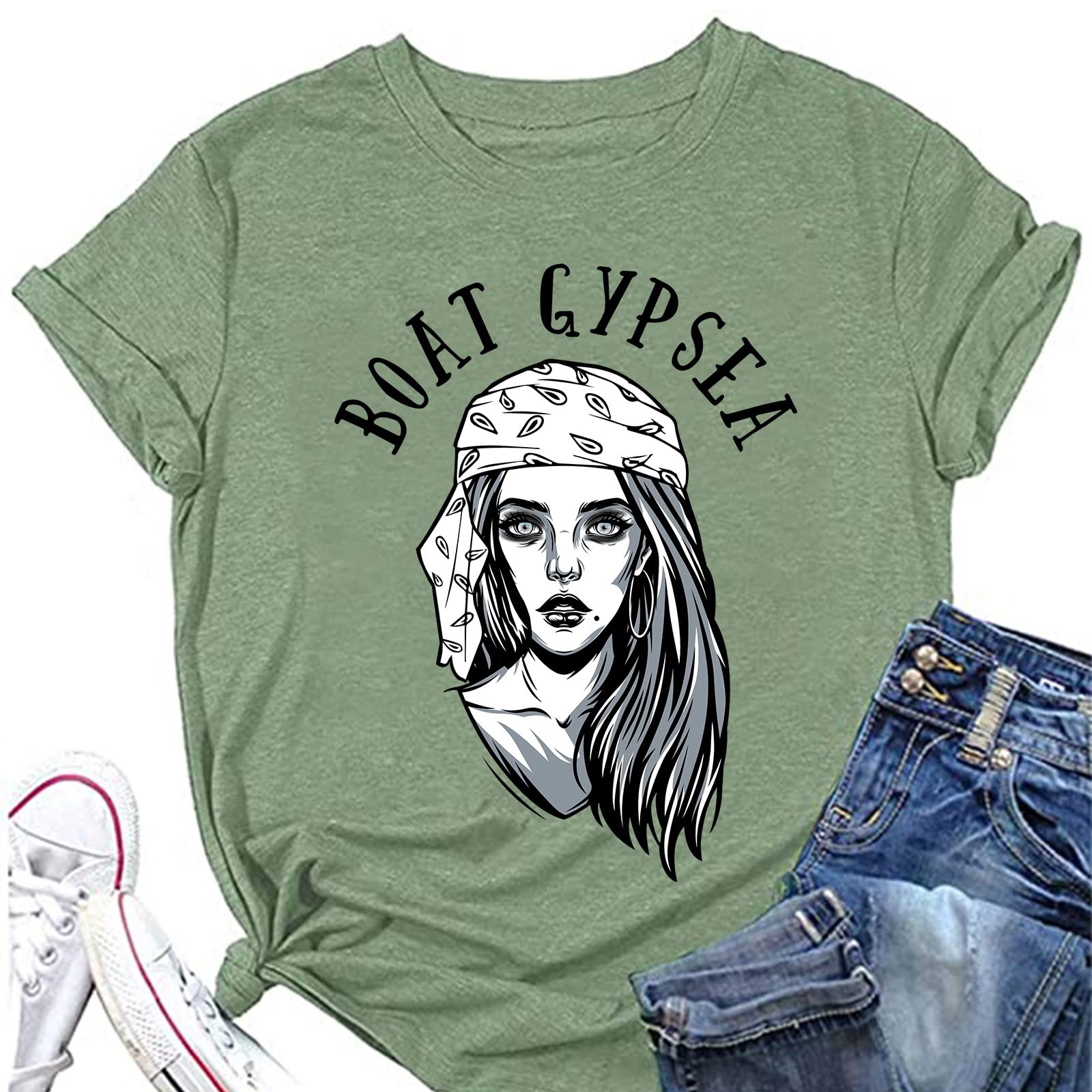 Mlzhan Women's Olive Green Boat Gypsea T Shirts Cute Gypsea Girl Graphic Summer Fashion Tees Shirt Aesthetic Harajuku T-Shirt Tops (,M,M)