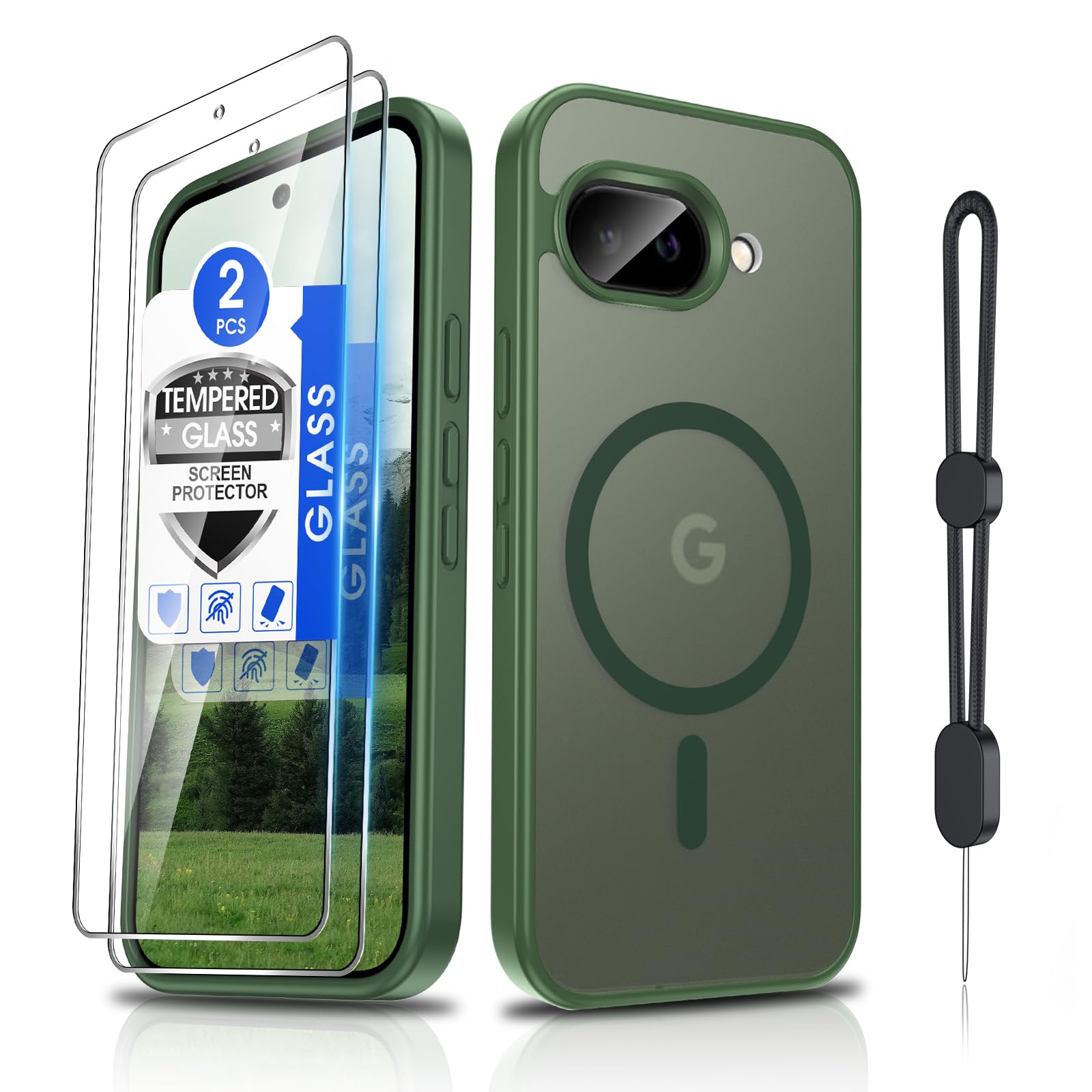 Dizn Magnetic for Google Pixel 9A Case, with Tempered Glass Screen Protector, Compatible with MagSafe, with Strap, Matte Translucent &amp; Shockproof, Protective Cover Funda Google Pixel 9A Phone, Green