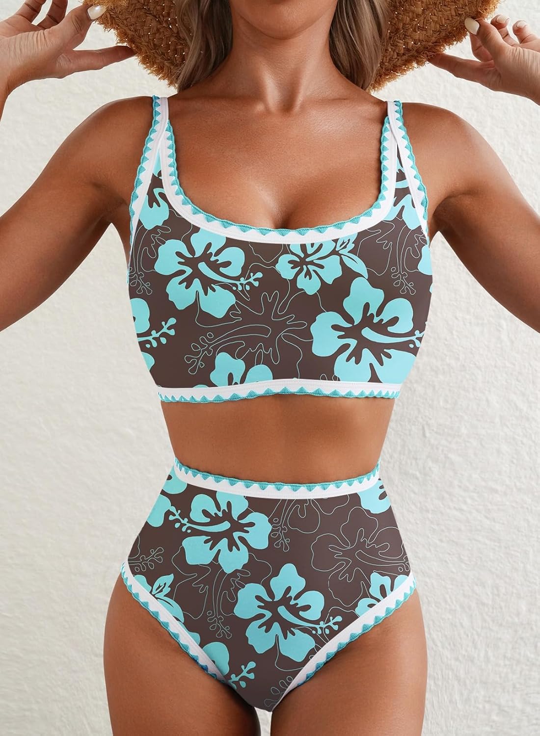 Herseas Women's Bikini Sets Floral Print Whip Stitch 2 Piece Swimsuits High Waisted Scoop Bathing Suits - Image 3