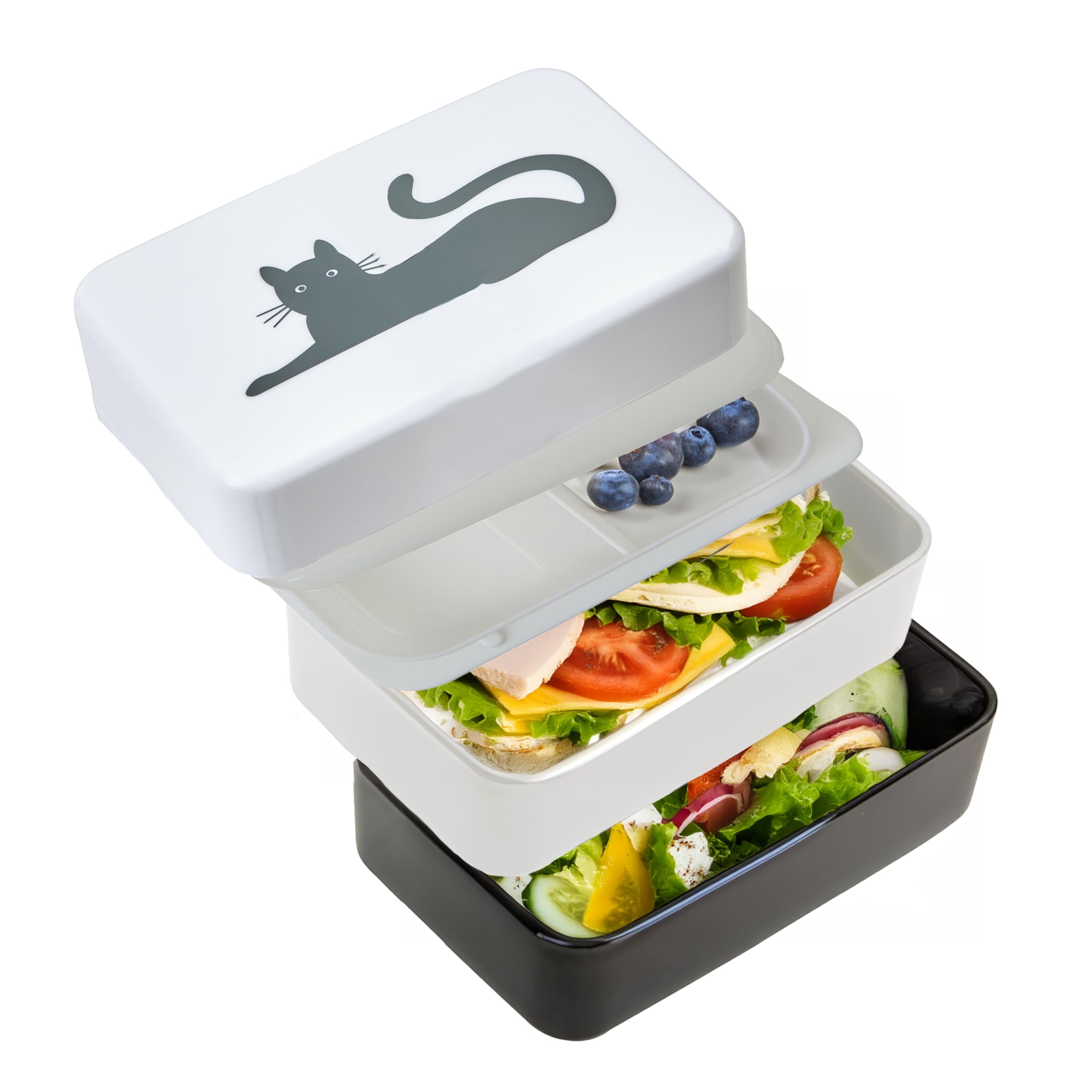 Premier Housewares Durable Cat Lunch Box With Cutlery| Stylish Multi Compartments Bento Box For Travelling | Portable Lunch Box With Two Compartments For Kids School, Offices