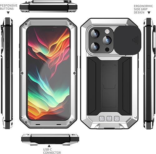 Miniatura 10 de FW - Funda de metal compatible con iPhone 15 Pro con cubierta deslizante para cámara deslizante, protector de pantalla integrado, funda híbrida de