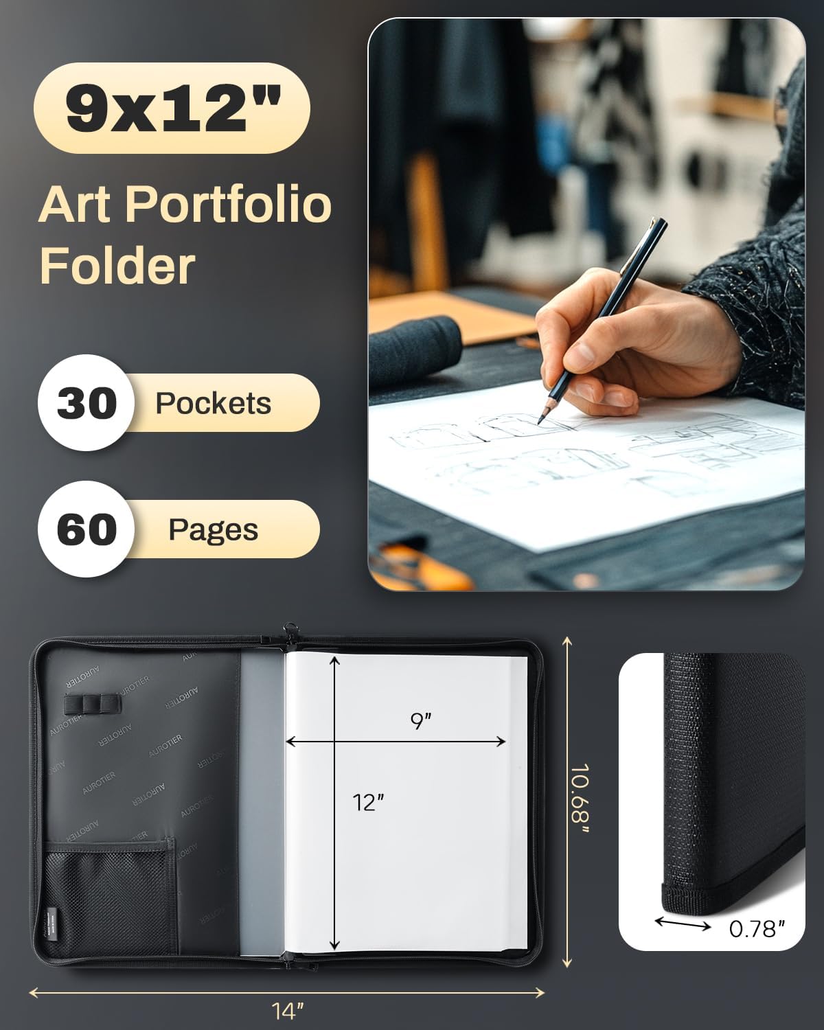 Fireproof Art Portfolios 9"x12", 30 Pockets Display 60 Pages Water-resistant Art Painting Portfolio Folder with Clear Plastic Sleeves Presentation Book for Artwork Document Contract Organizer
