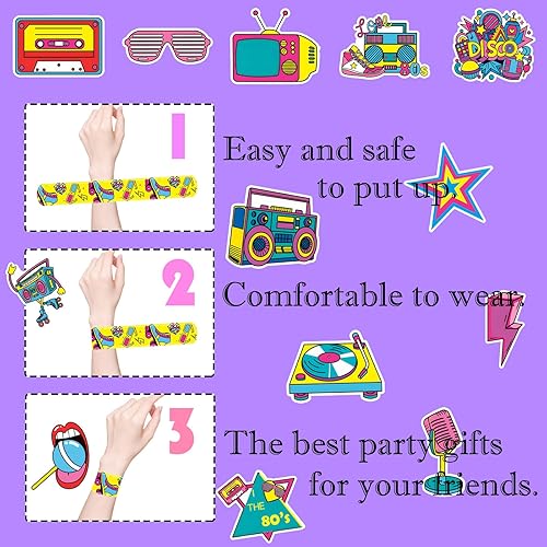Miniatura 6 de Viicoor 86 pulseras de fiesta de los años 80 y 90 a granel de regreso a los 80 recuerdos de fiesta temáticos a presión con calcomanías retro